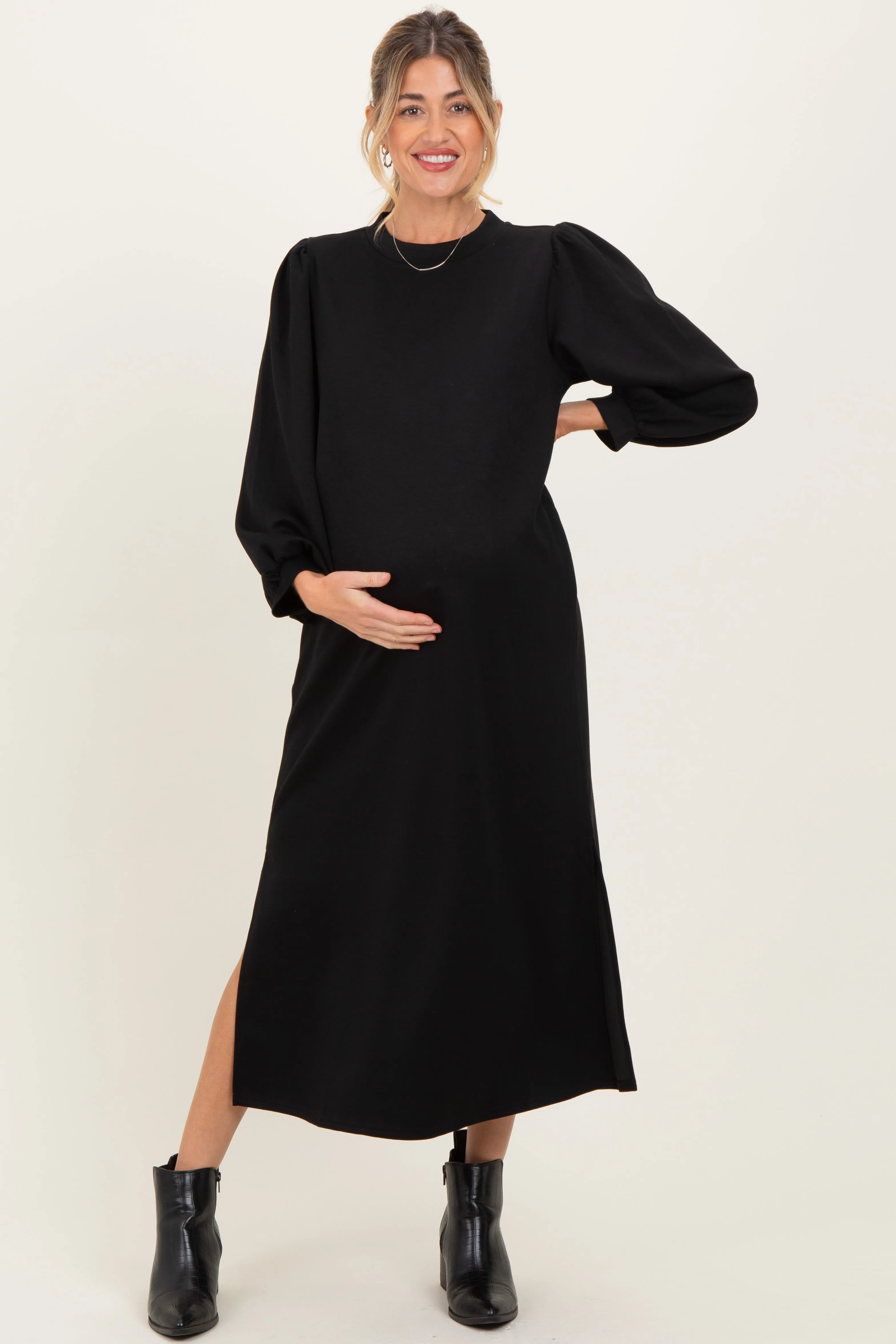 Black Side Slit Detail Solid Maternity Midi Dress sold by Pinkblush product image thumbnail 2