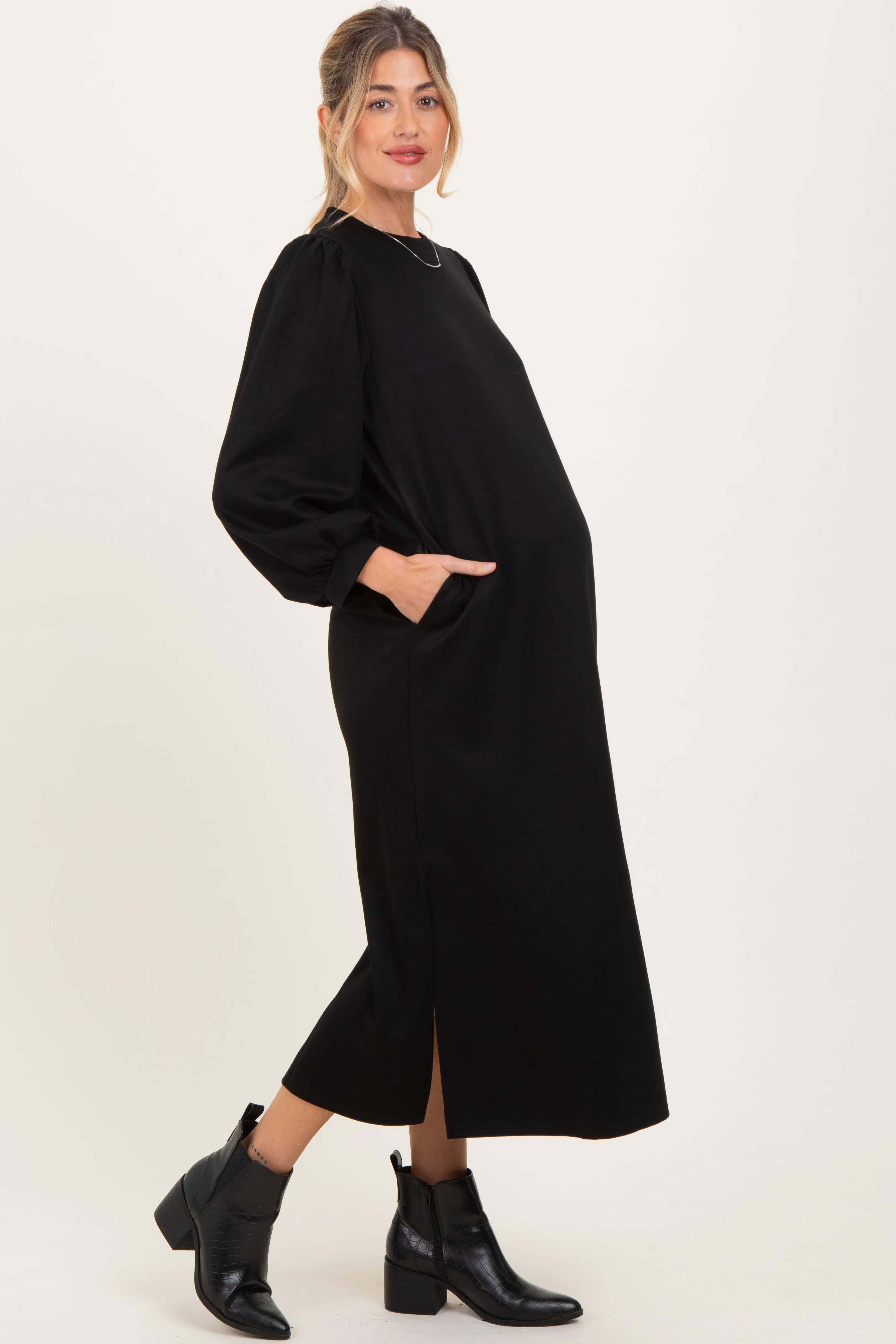 Black Side Slit Detail Solid Maternity Midi Dress sold by Pinkblush product image thumbnail 3