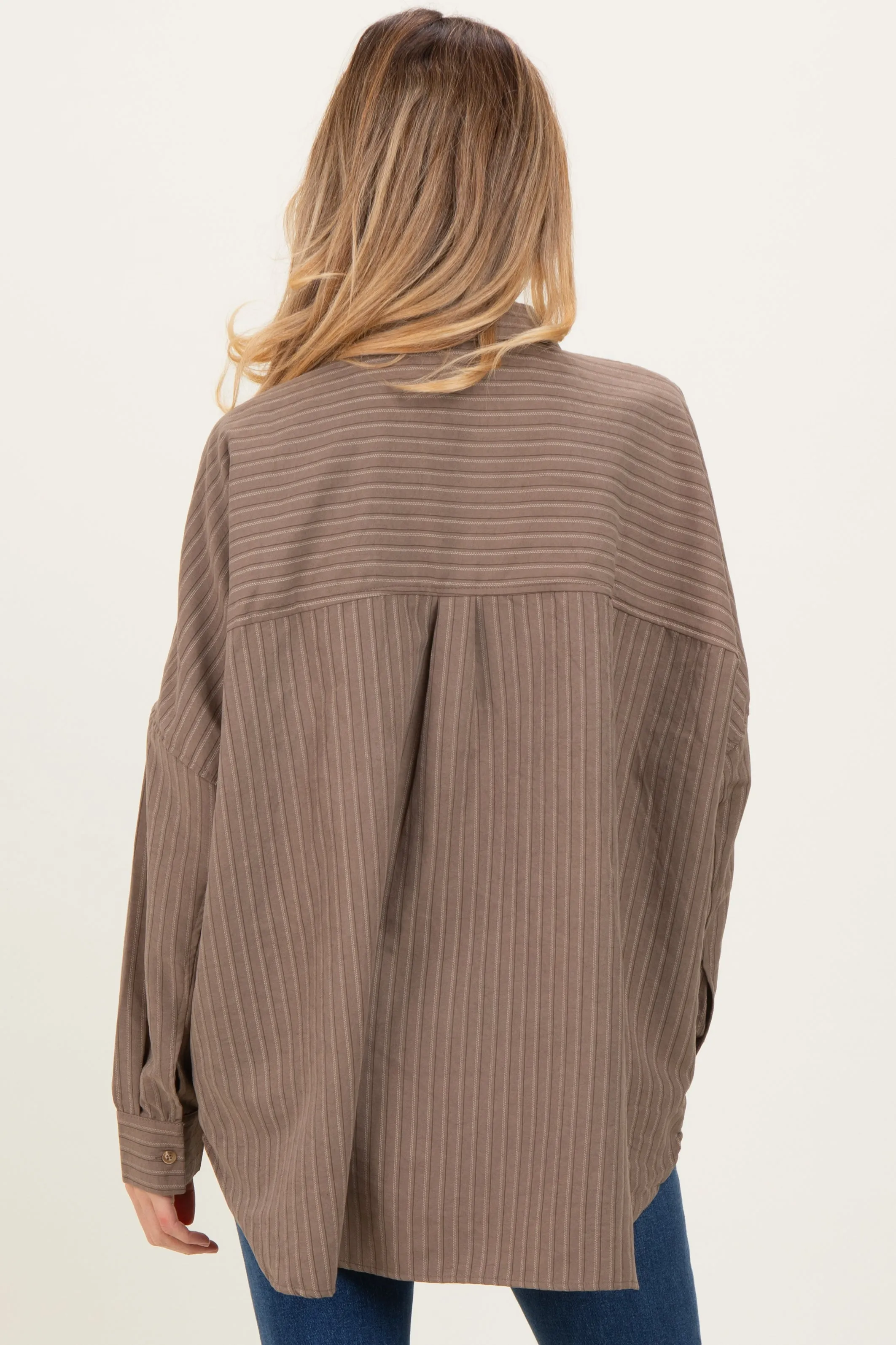 Brown Vertical Stripe Button-Down Oversized Maternity Shirt sold by Pinkblush product image thumbnail 3