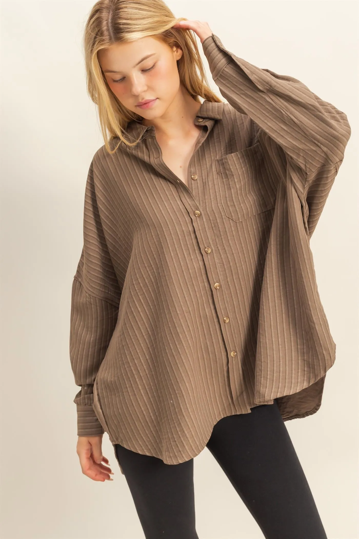 Brown Vertical Stripe Button-Down Oversized Maternity Shirt sold by Pinkblush product image thumbnail 4