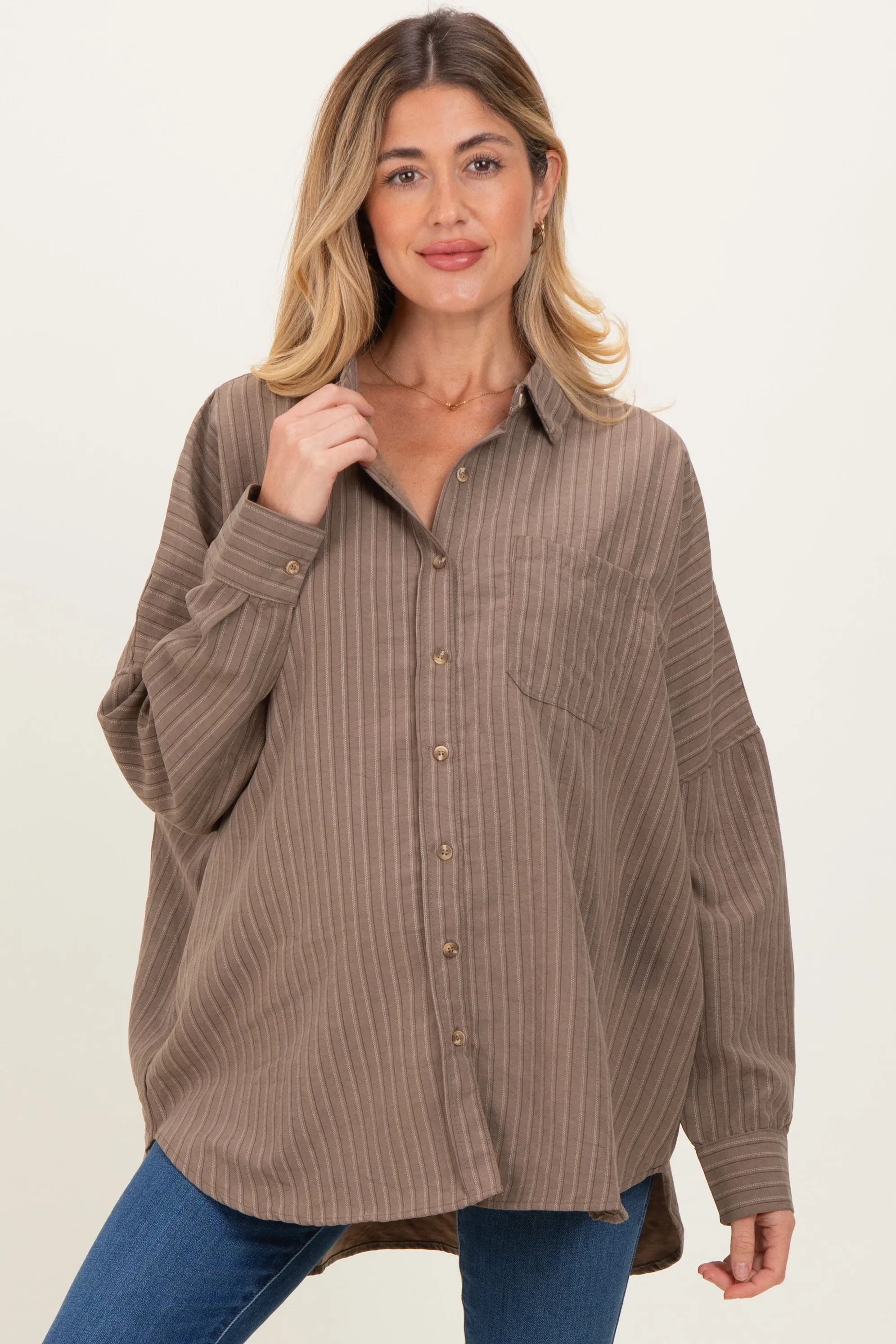 Brown Vertical Stripe Button-Down Oversized Maternity Shirt sold by Pinkblush
