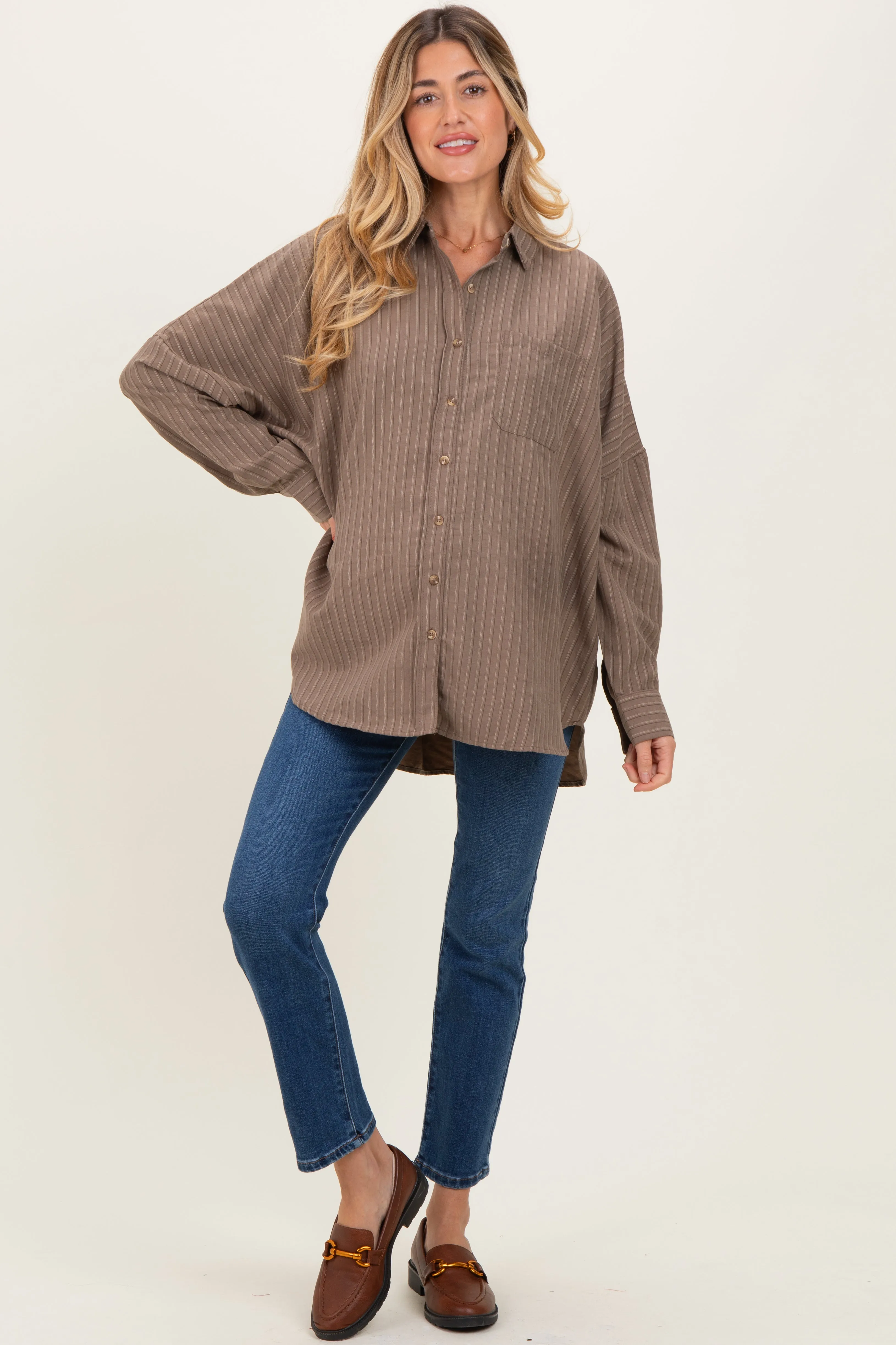 Brown Vertical Stripe Button-Down Oversized Maternity Shirt sold by Pinkblush product image thumbnail 2