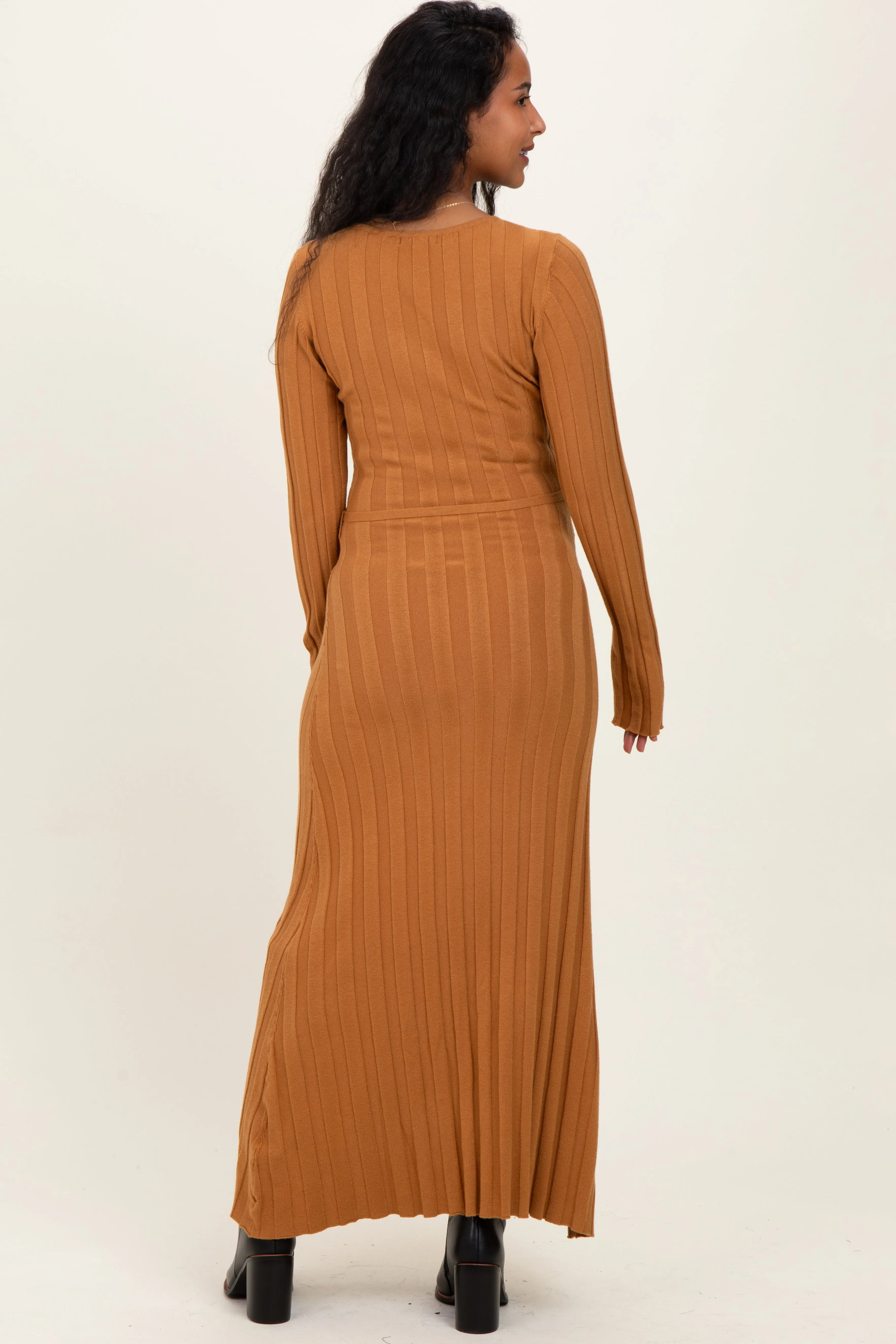 Camel Ribbed Wait Tie Maternity Midi Dress sold by Pinkblush product image thumbnail 3
