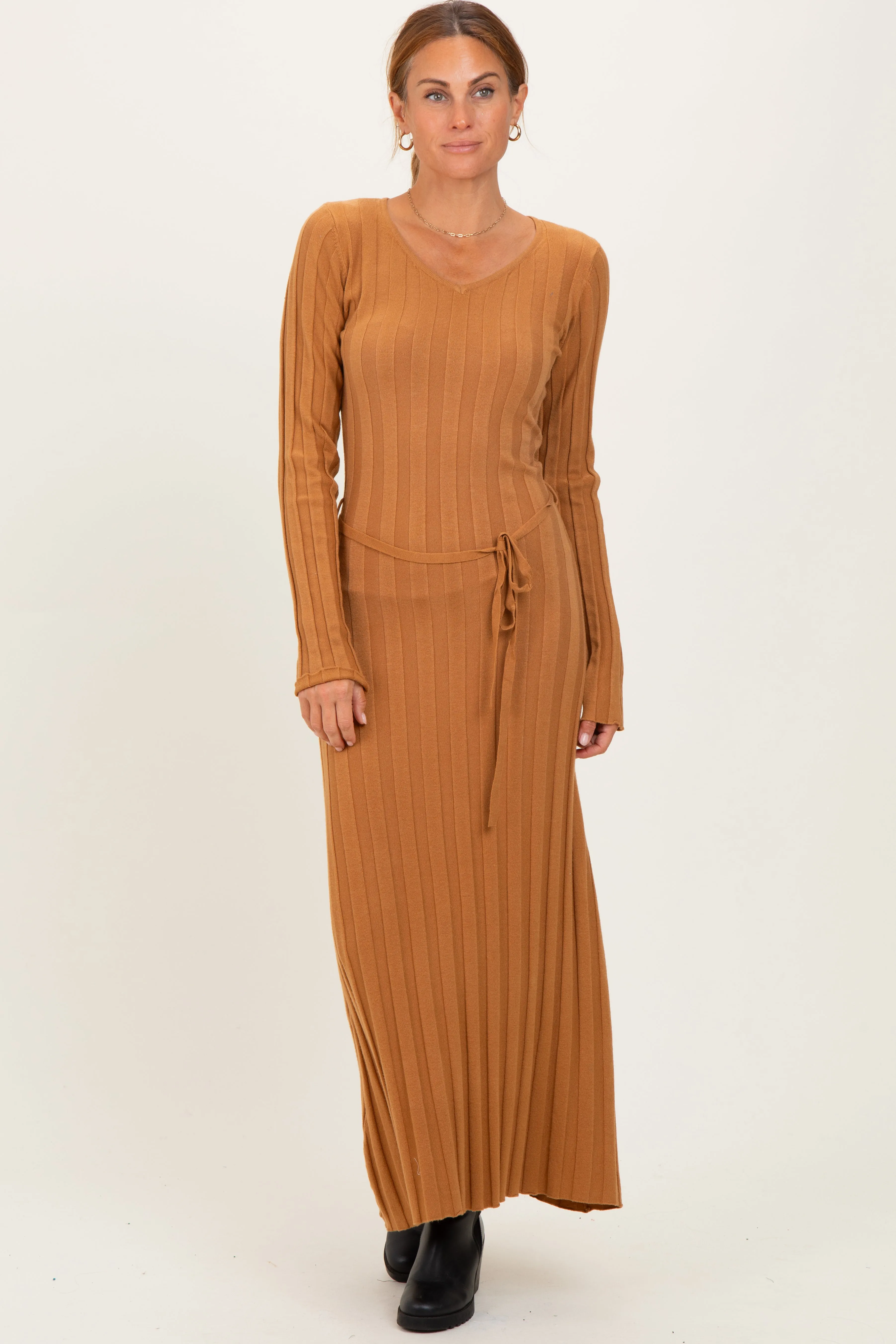 Camel Ribbed Wait Tie Maternity Midi Dress sold by Pinkblush product image thumbnail 4