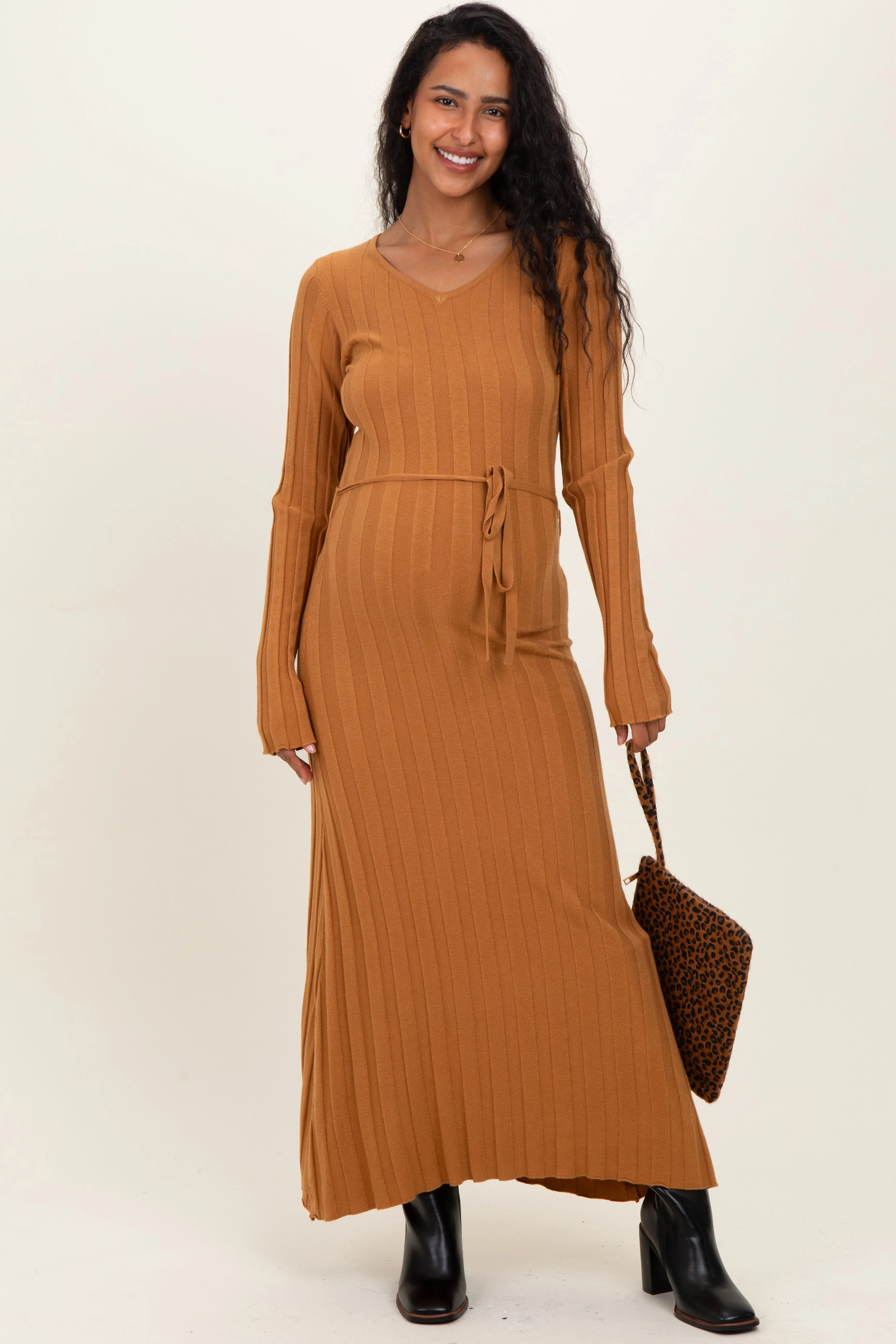 Camel Ribbed Wait Tie Maternity Midi Dress sold by Pinkblush