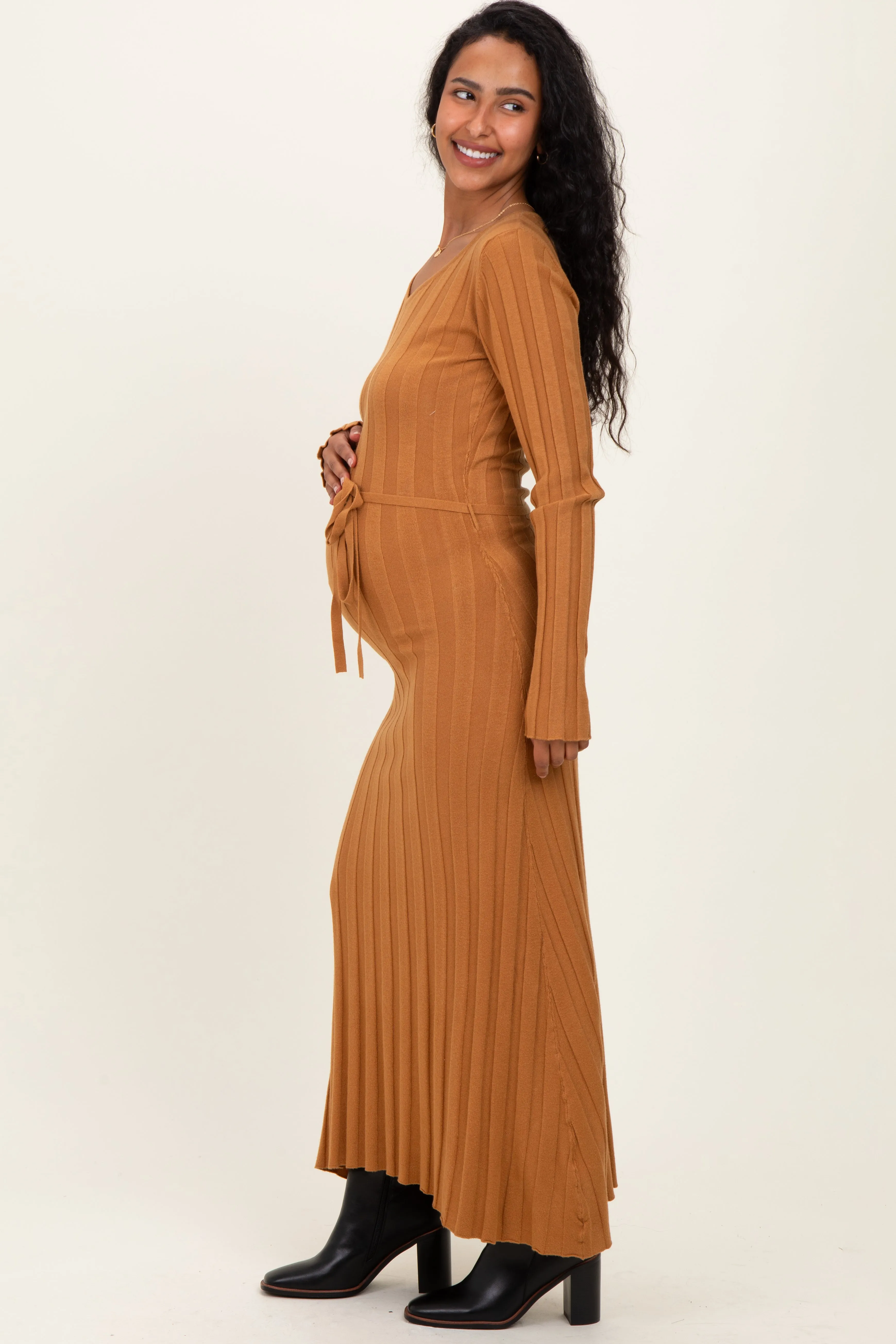 Camel Ribbed Wait Tie Maternity Midi Dress sold by Pinkblush product image thumbnail 2
