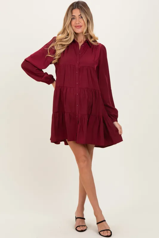 Burgundy Balloon Sleeve Tiered Maternity Shirt Dress sold by Pinkblush