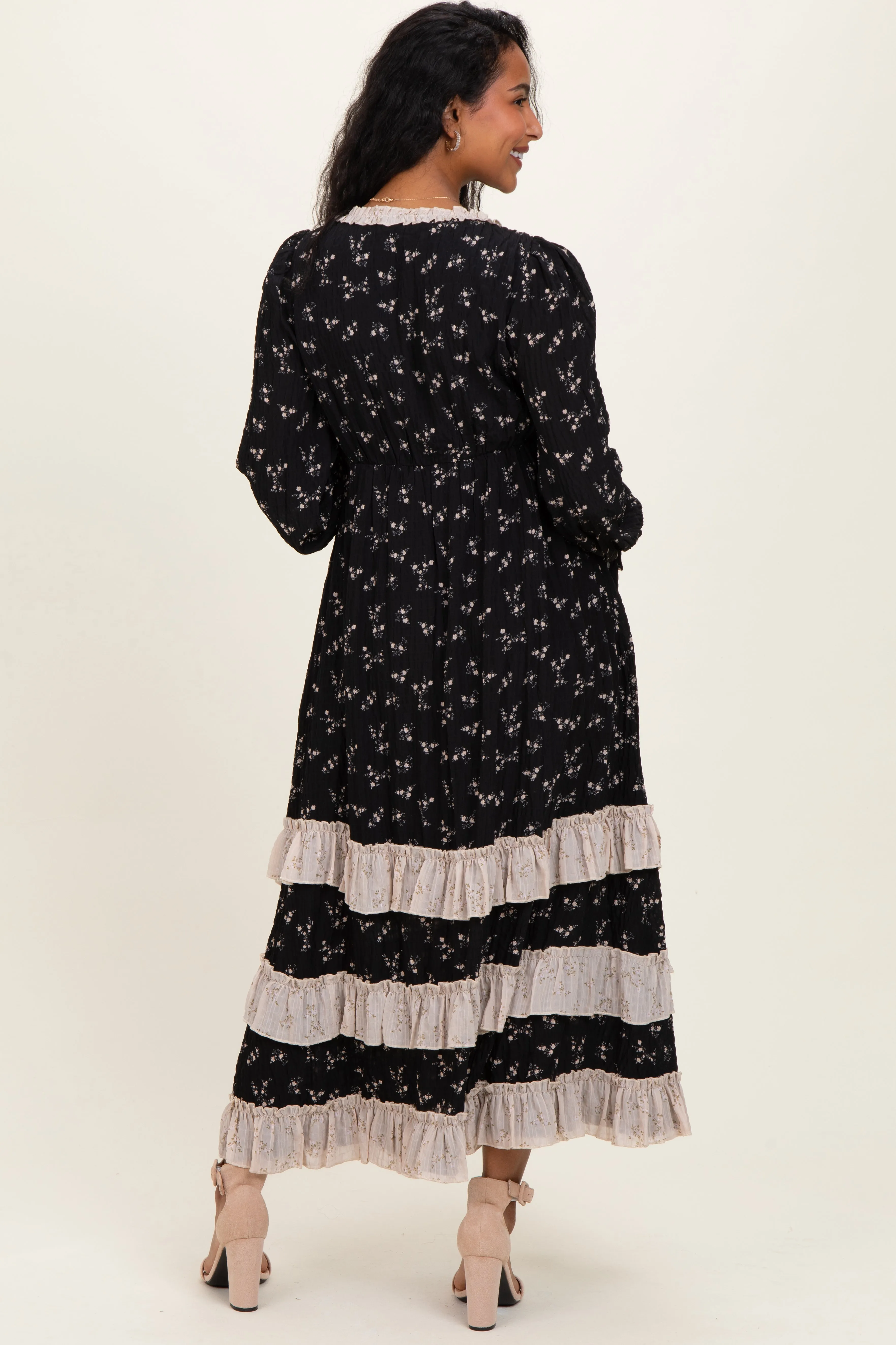 Black Floral Eyelet Lace Tiered Hem Maternity Maxi Dress sold by Pinkblush product image thumbnail 4