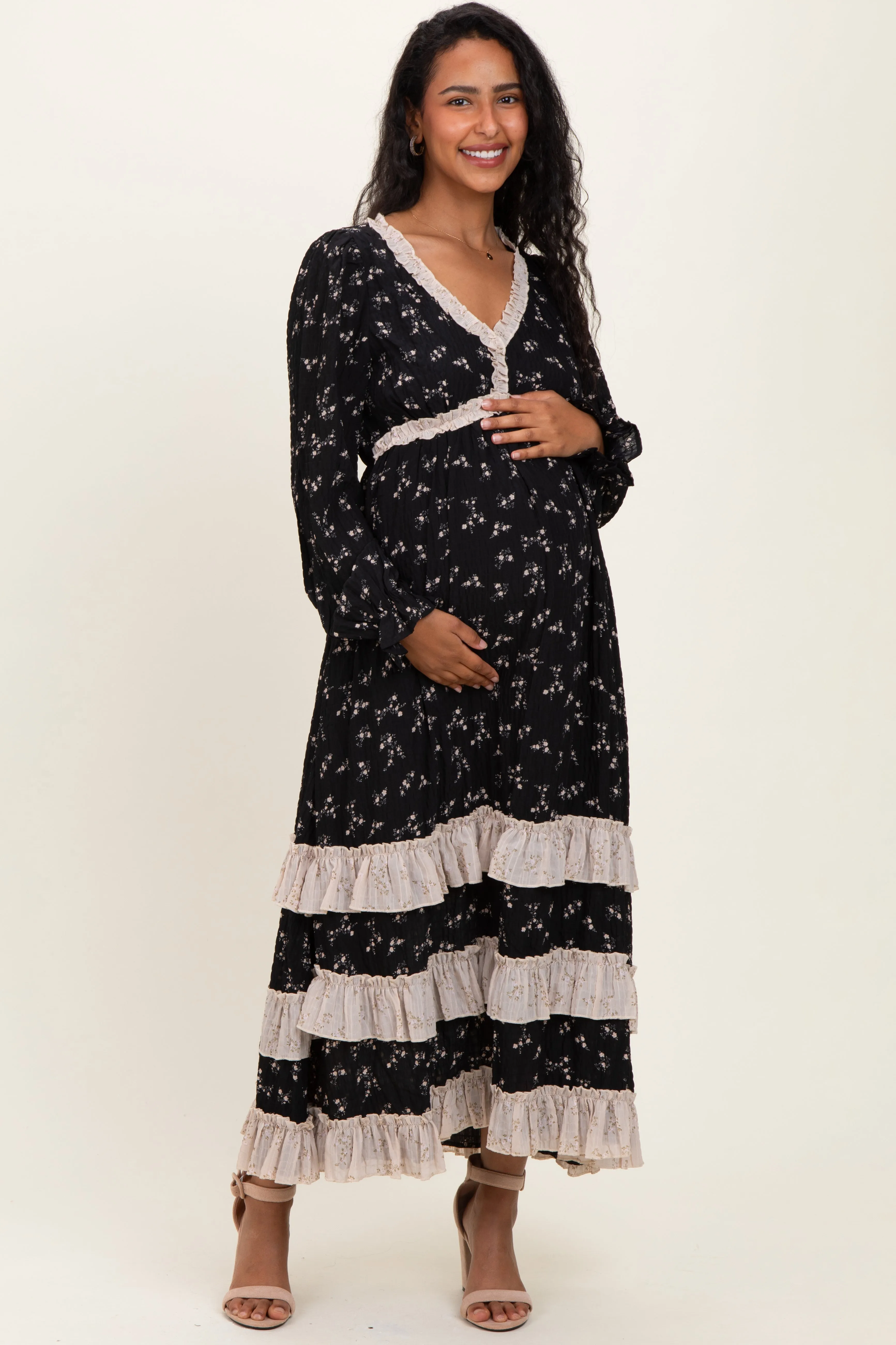 Black Floral Eyelet Lace Tiered Hem Maternity Maxi Dress sold by Pinkblush product image thumbnail 2