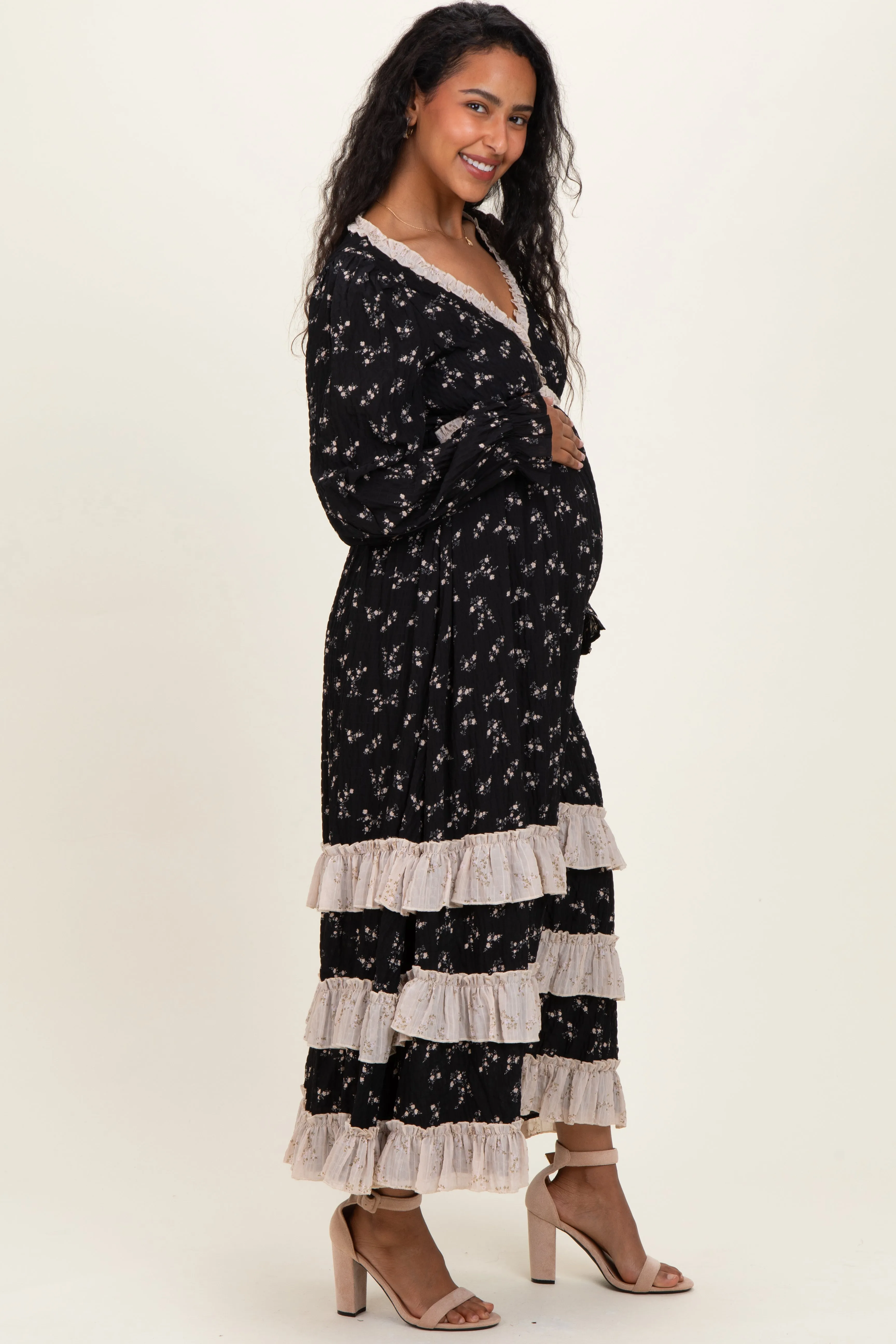 Black Floral Eyelet Lace Tiered Hem Maternity Maxi Dress sold by Pinkblush product image thumbnail 3