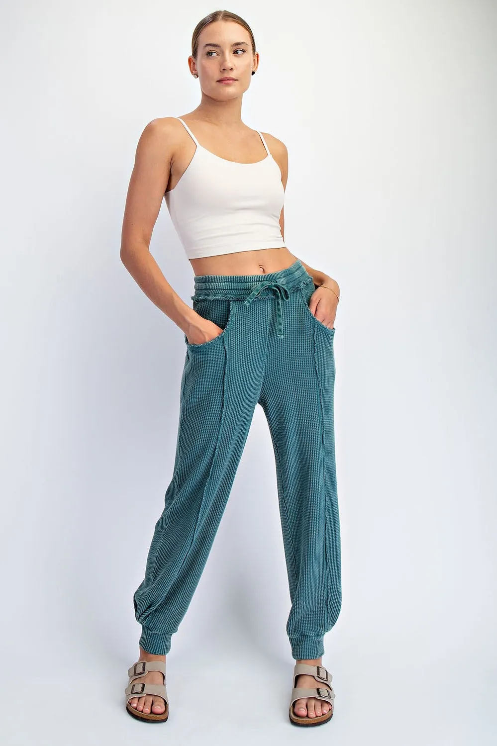 Teal Raw Seam Waffle Knit Joggers sold by Pinkblush