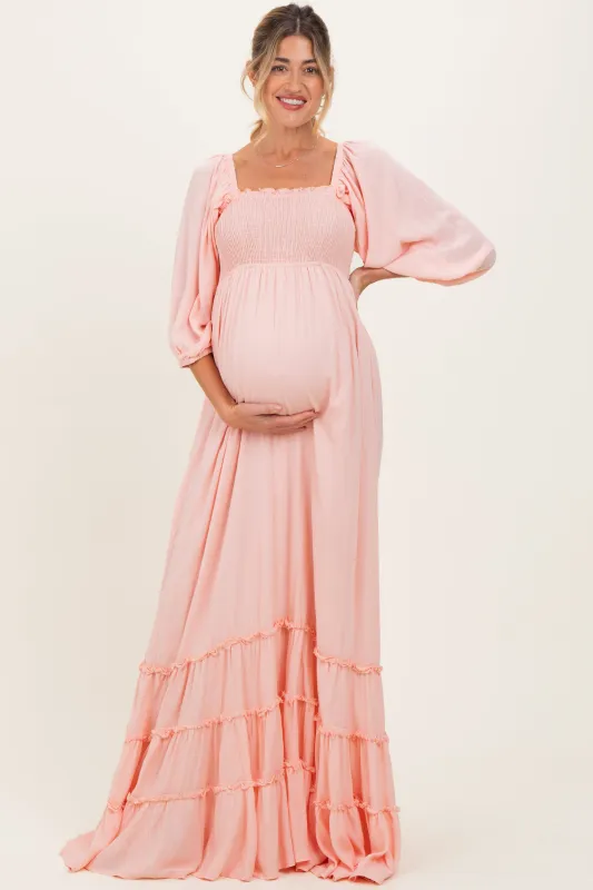 Light Pink Solid 3/4 Sleeve Smocked Top Tiered Maternity Maxi Dress sold by Pinkblush