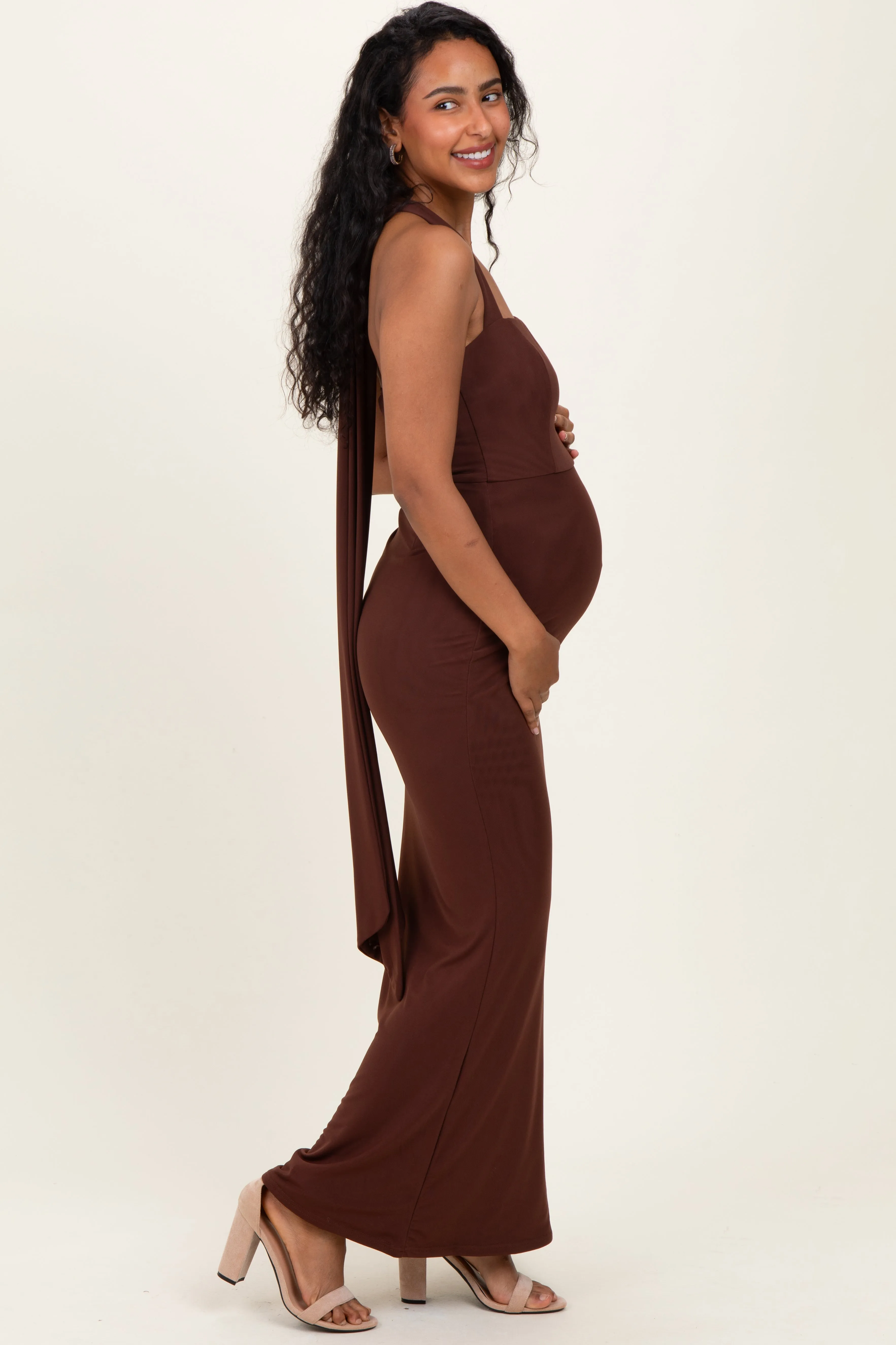 Brown Halter Neck Maternity Maxi Dress sold by Pinkblush product image thumbnail 3