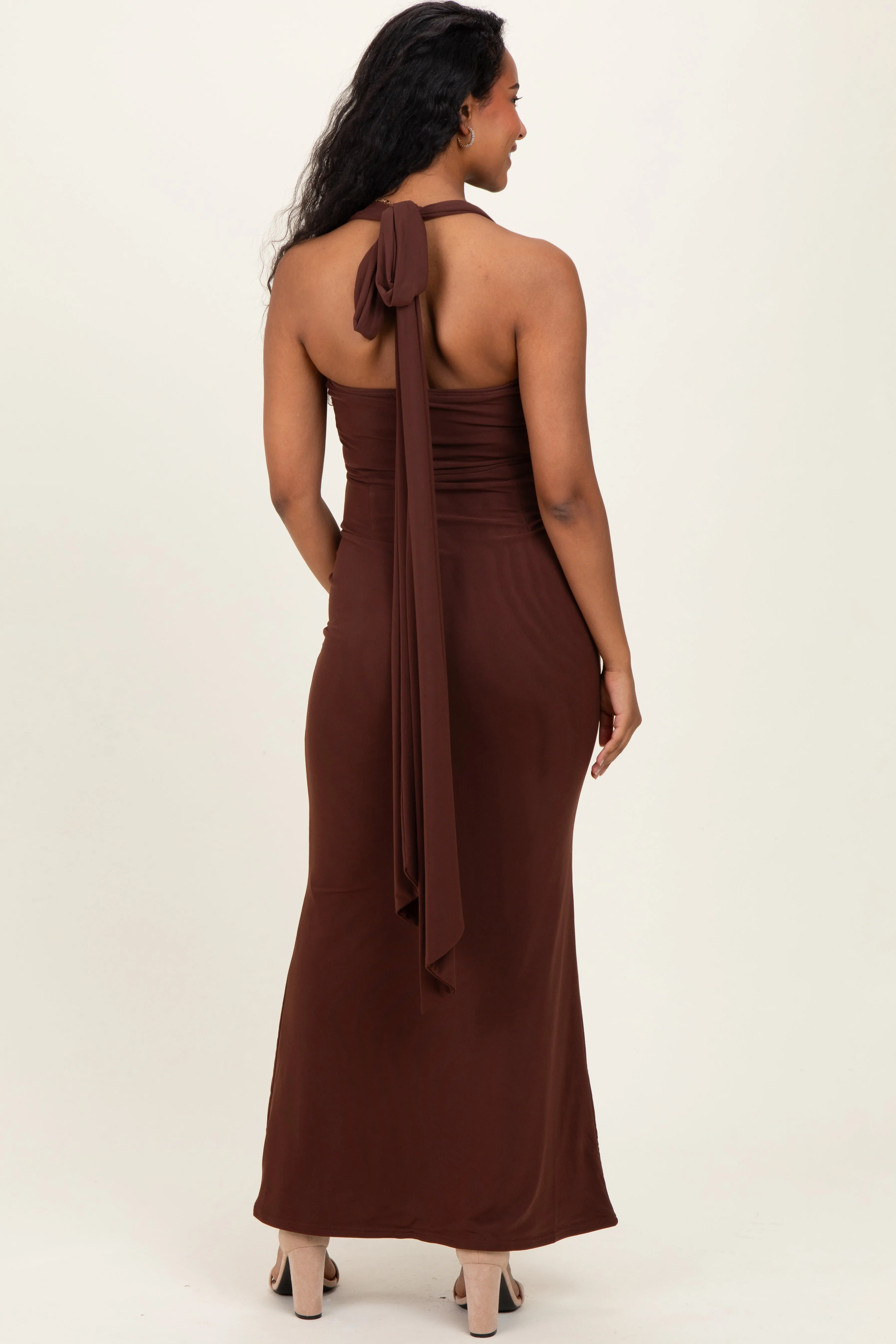 Brown Halter Neck Maternity Maxi Dress sold by Pinkblush product image thumbnail 4