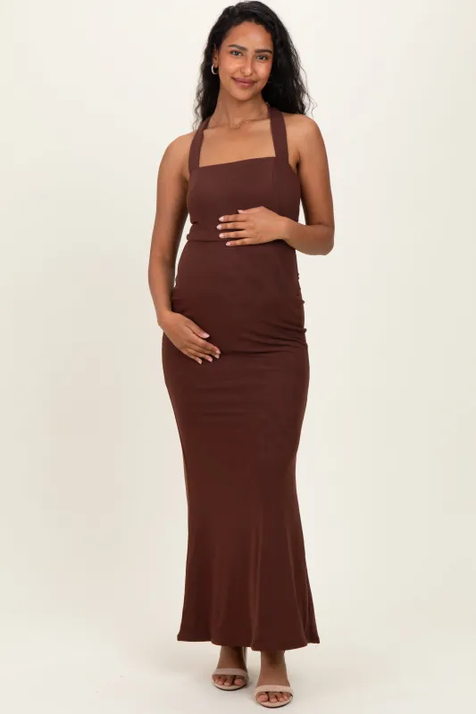 Brown Halter Neck Maternity Maxi Dress sold by Pinkblush