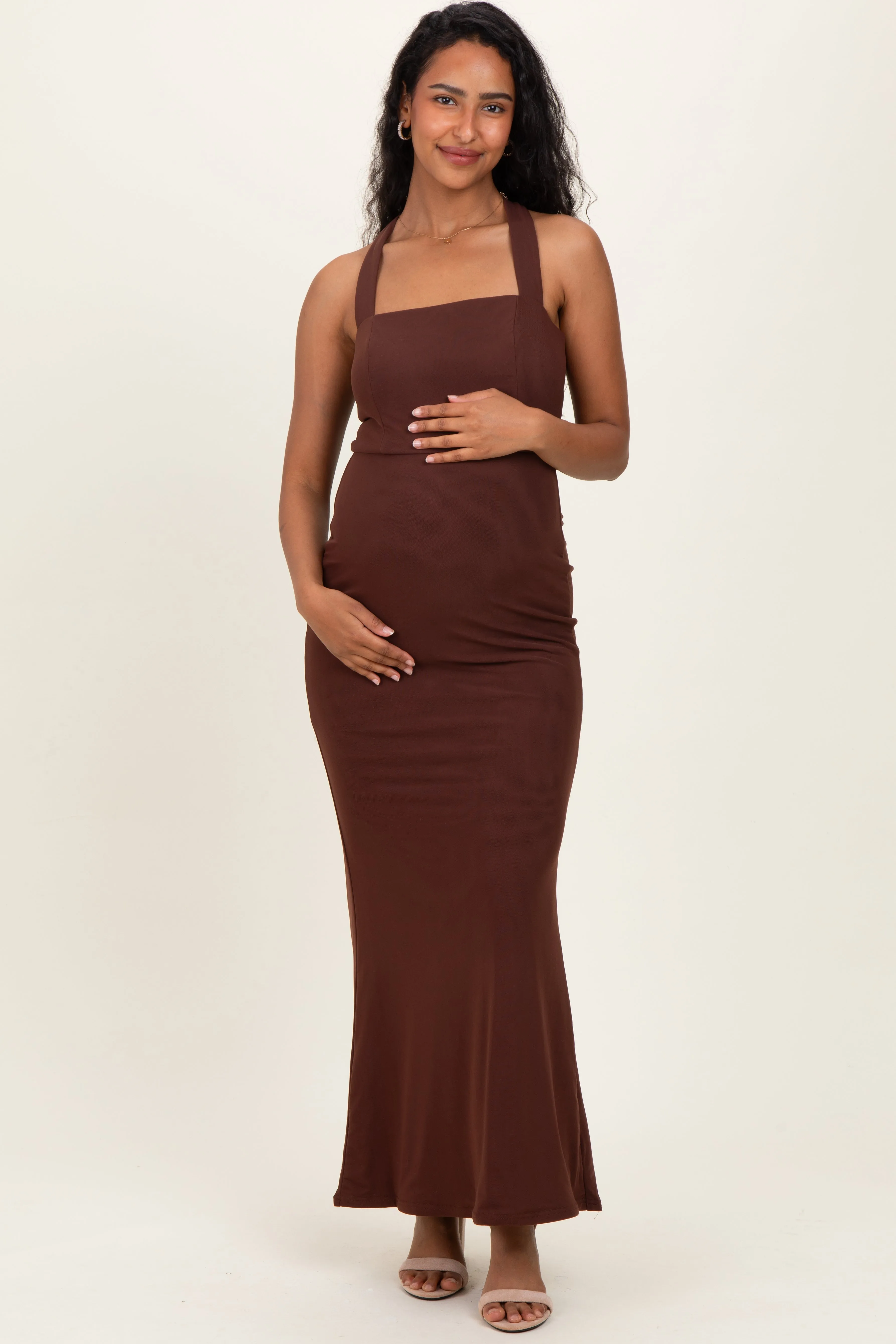 Brown Halter Neck Maternity Maxi Dress sold by Pinkblush