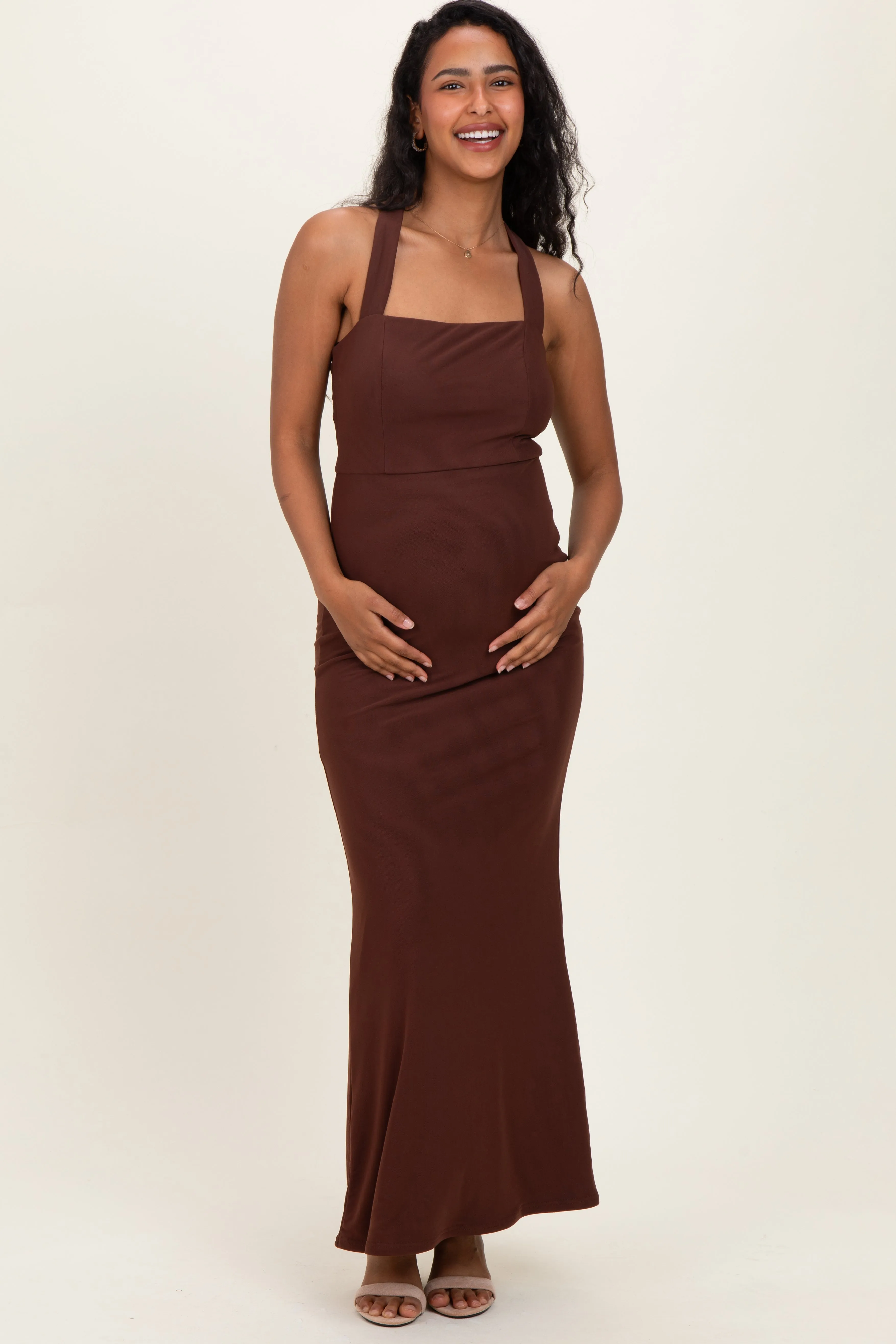 Brown Halter Neck Maternity Maxi Dress sold by Pinkblush product image thumbnail 2