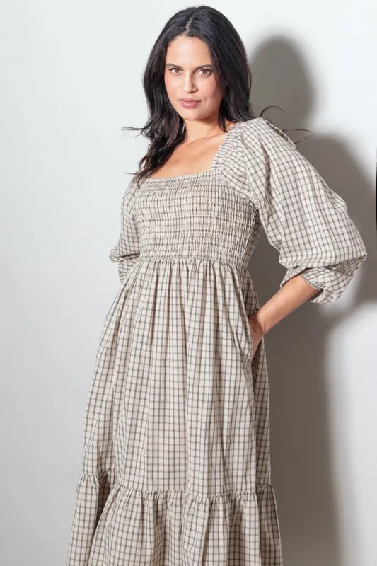Beige Plaid Smocked Puff Sleeve Midi Dress sold by Pinkblush