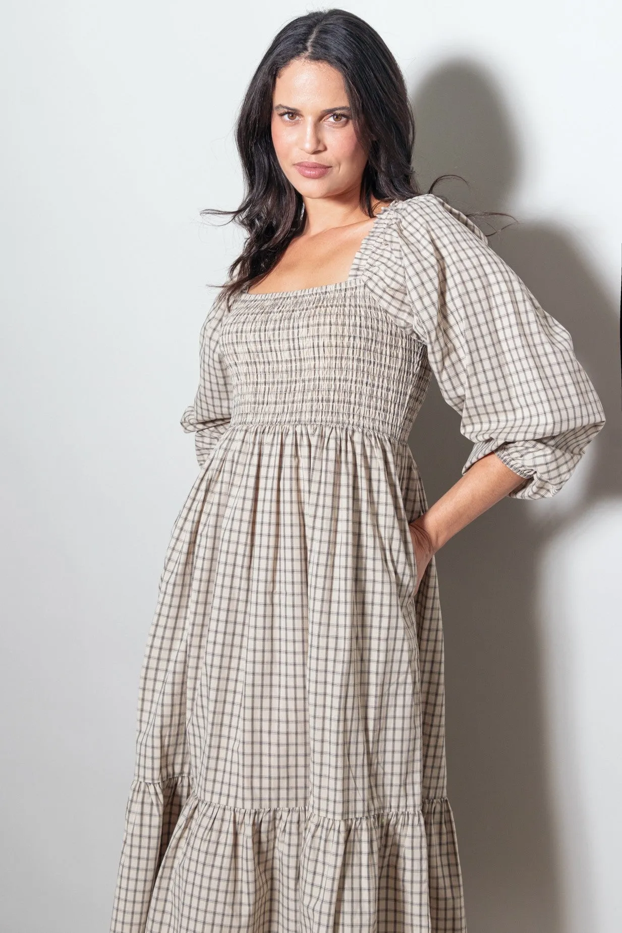 Beige Plaid Smocked Puff Sleeve Midi Dress sold by Pinkblush