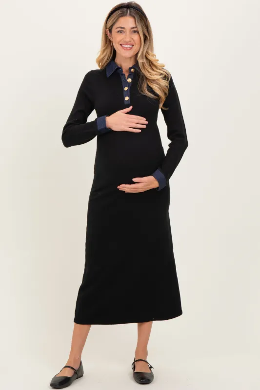 Black Denim Trim Maternity Knit Dress sold by Pinkblush