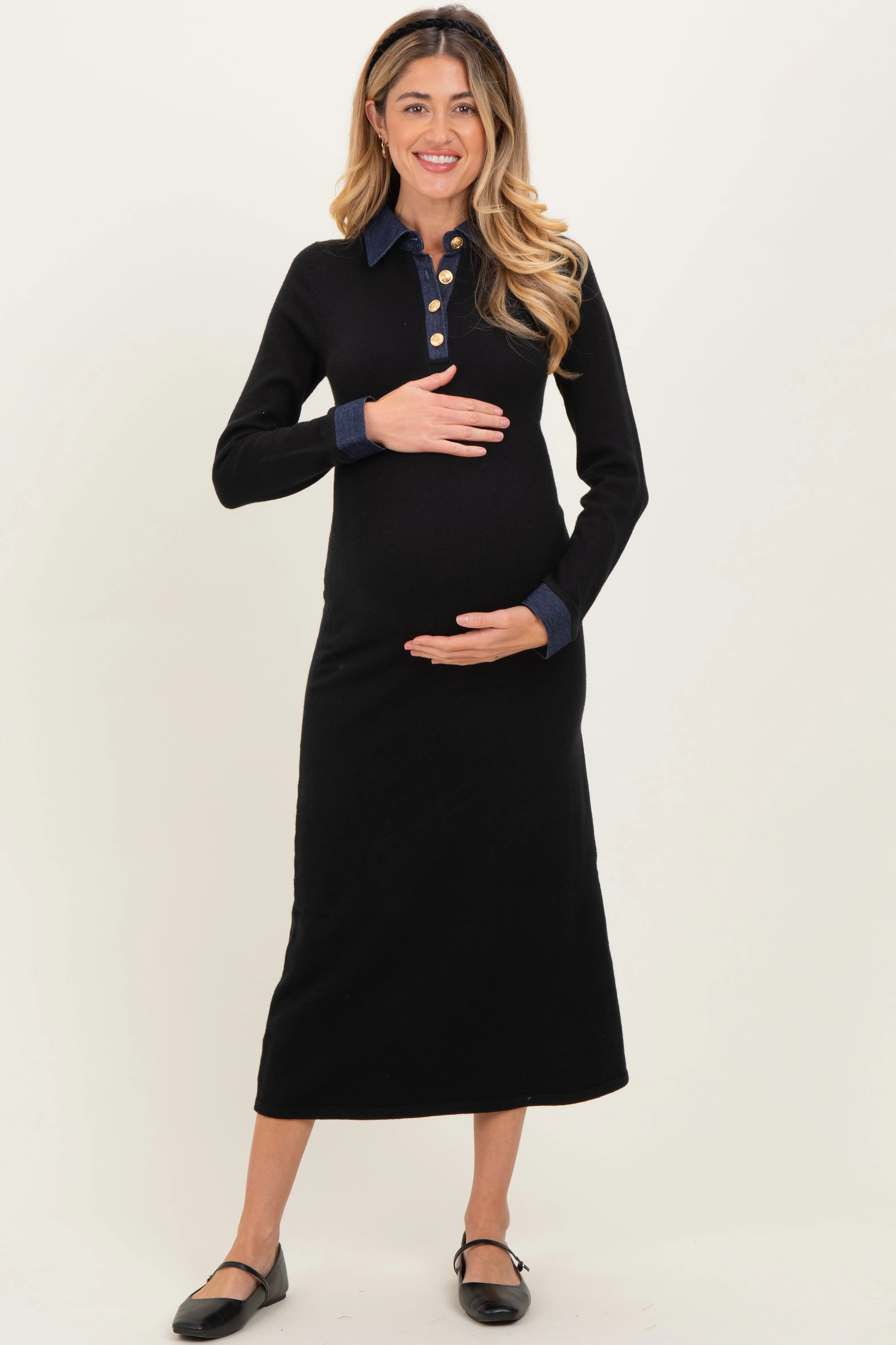 Black Denim Trim Maternity Knit Dress sold by Pinkblush