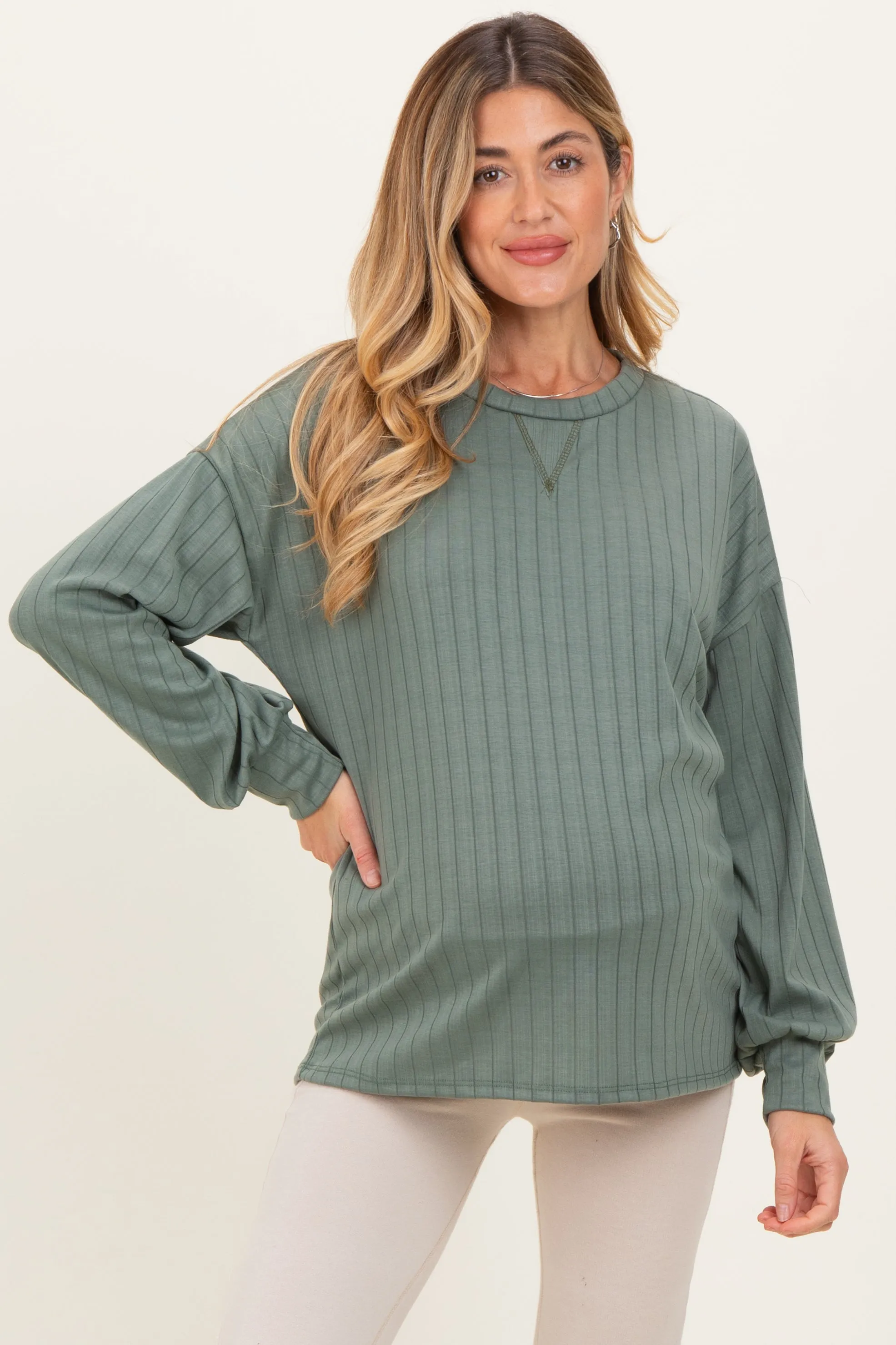 Olive Ribbed Knit Bubble Sleeve Maternity Pullover Top sold by Pinkblush