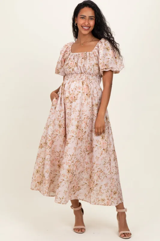 Beige Floral Puff Sleeve Maternity Midi Dress sold by Pinkblush