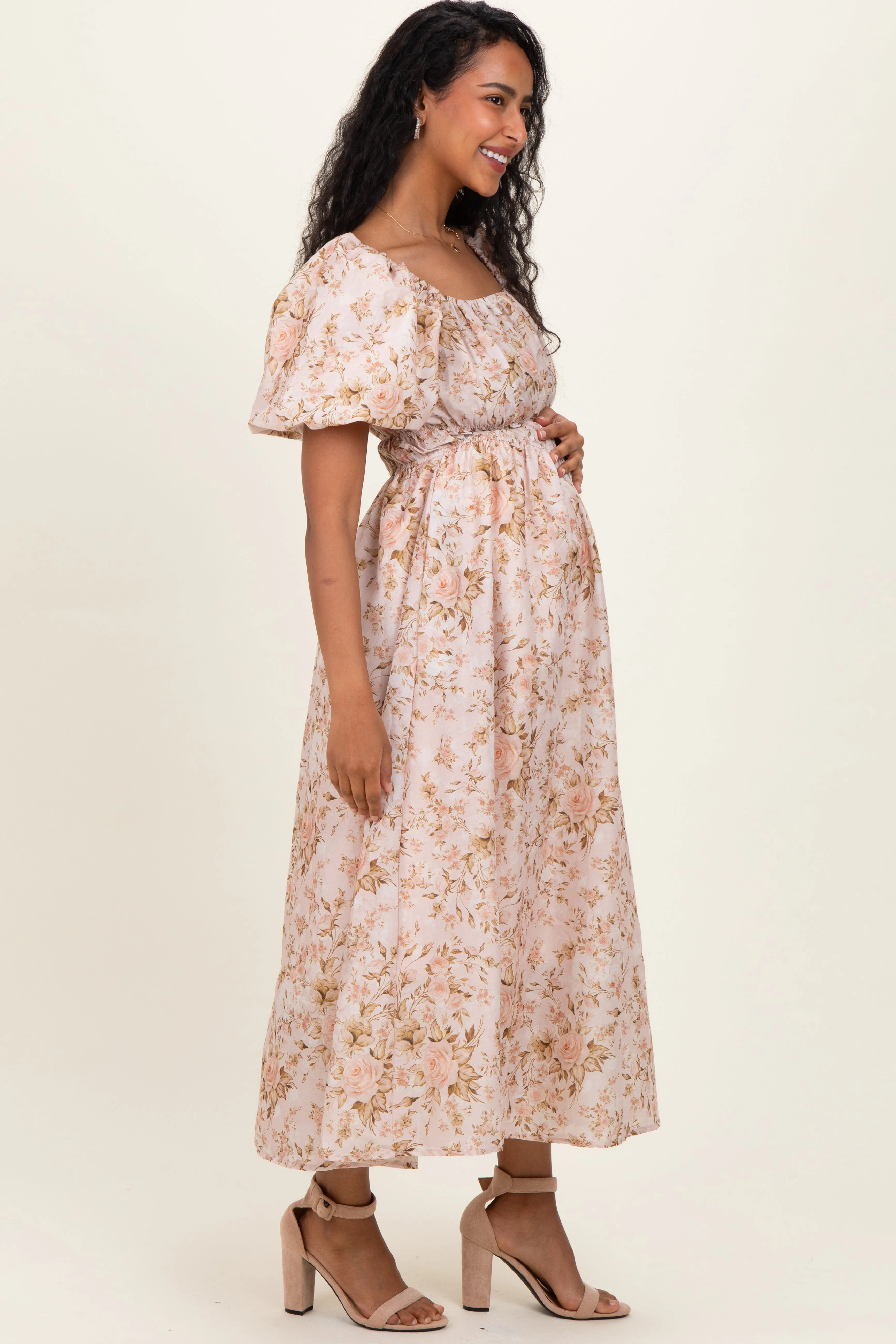Beige Floral Puff Sleeve Maternity Midi Dress sold by Pinkblush product image thumbnail 2
