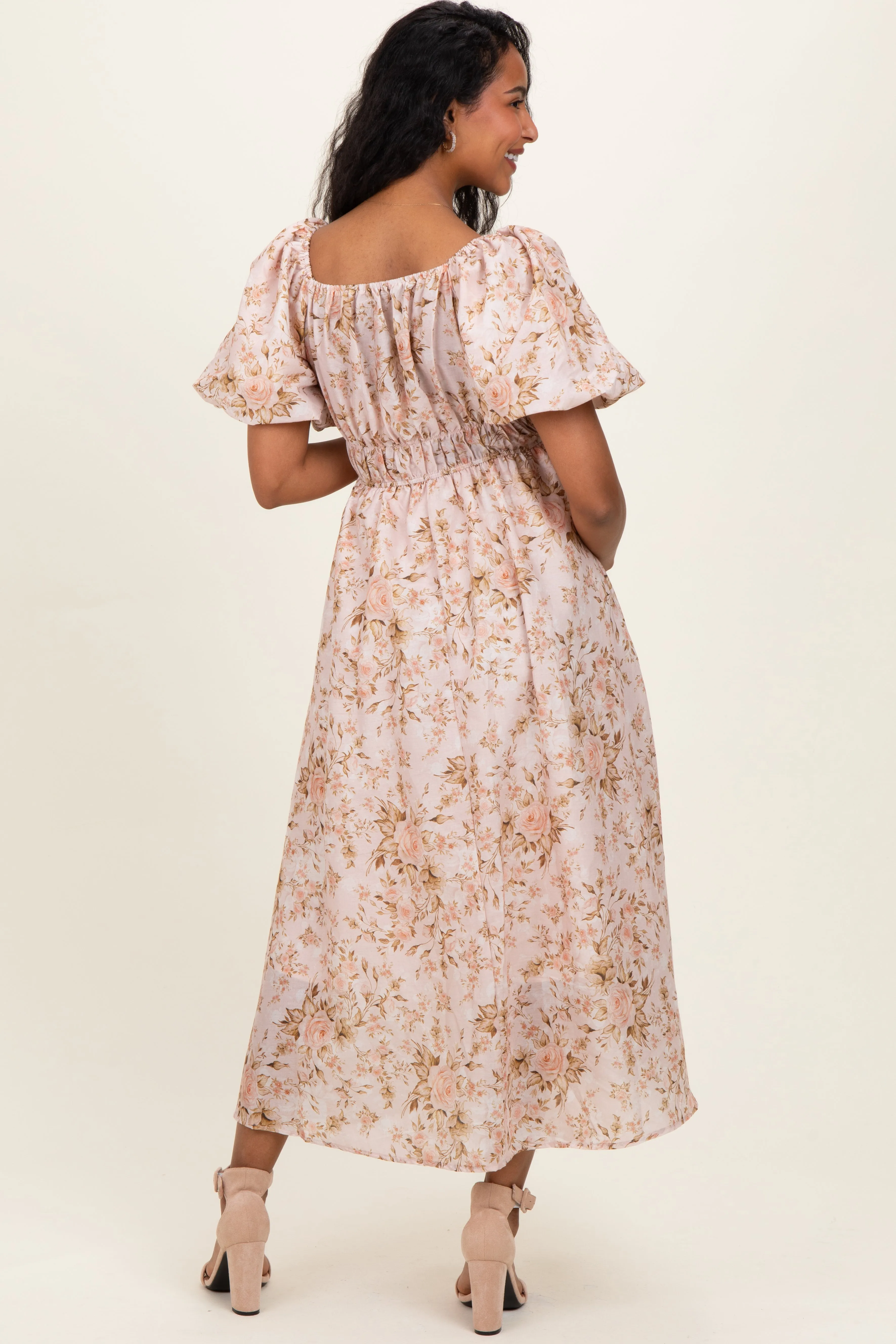 Beige Floral Puff Sleeve Maternity Midi Dress sold by Pinkblush product image thumbnail 3