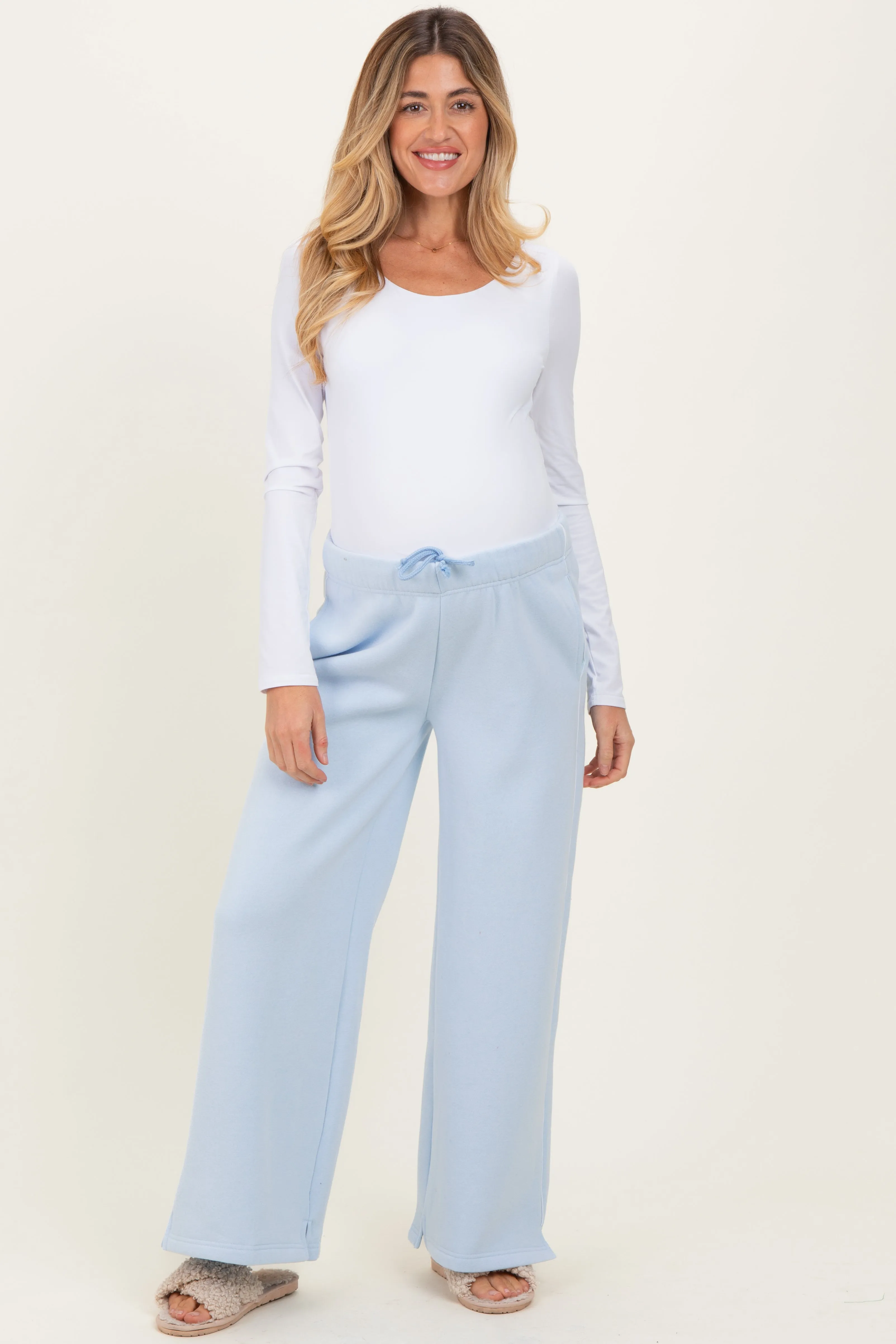 Light Blue Fleece Wide Leg Maternity Sweatpants sold by Pinkblush
