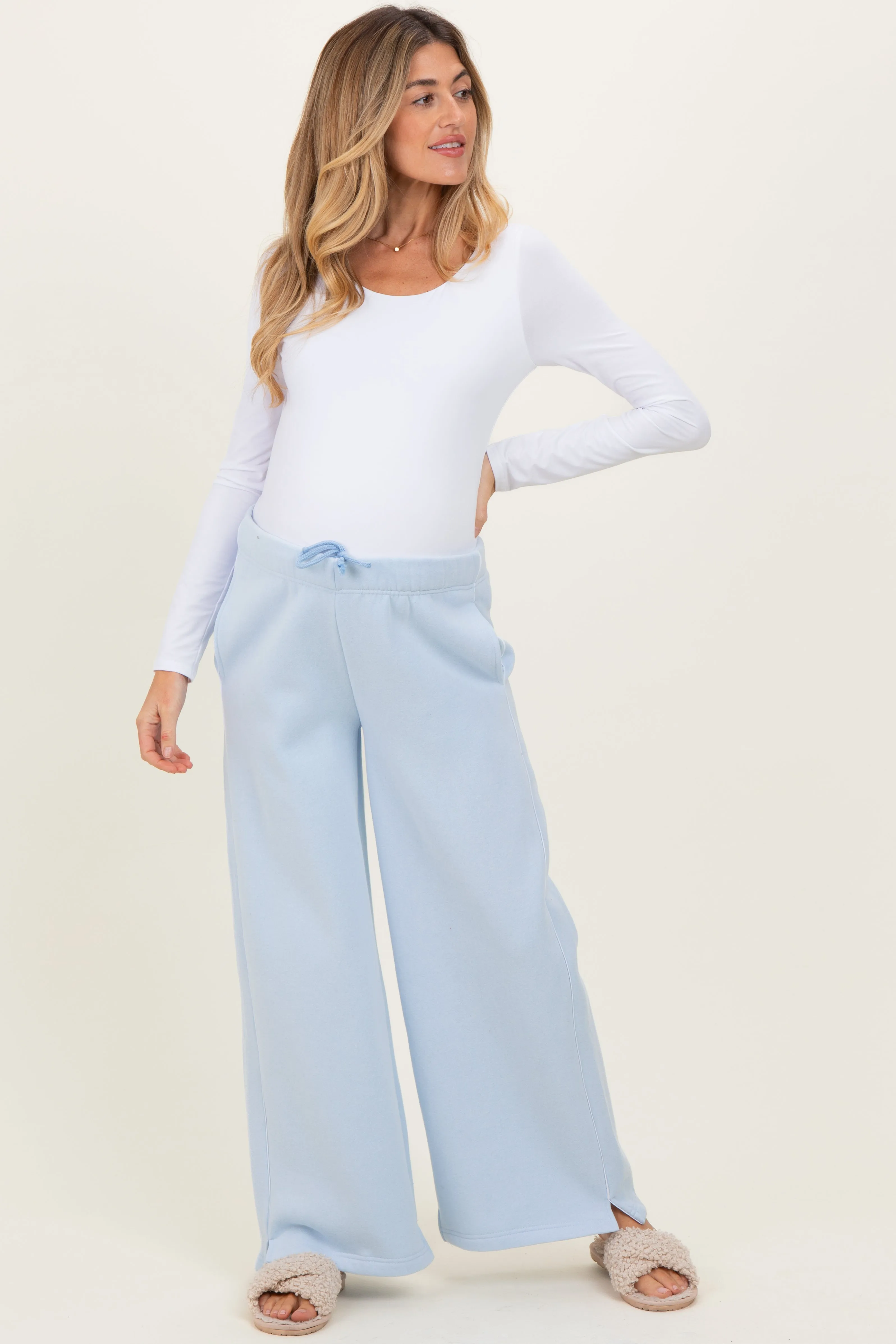 Light Blue Fleece Wide Leg Maternity Sweatpants sold by Pinkblush product image thumbnail 2