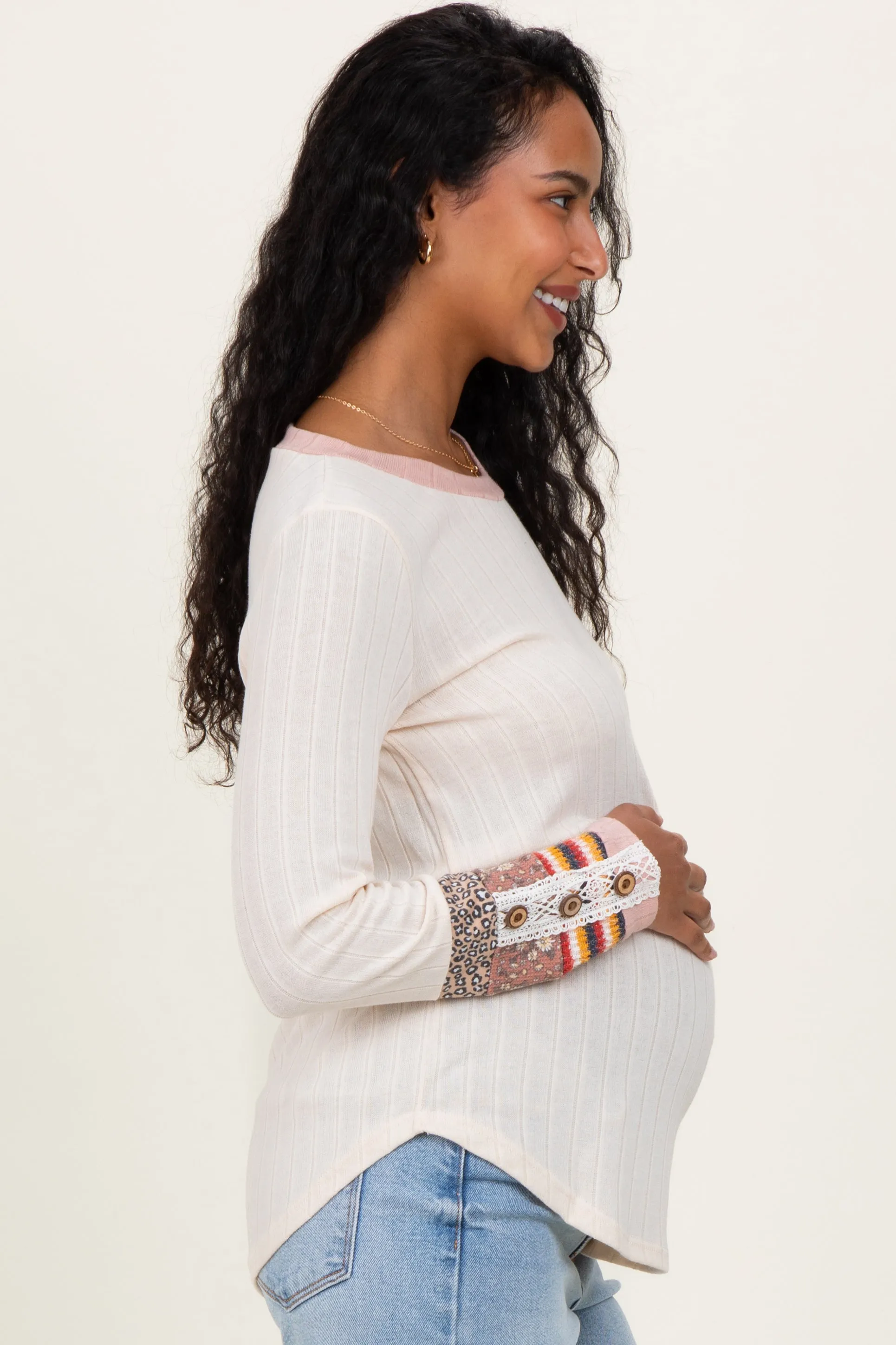 Cream Colorblock Print Detail Long Sleeve Maternity Top sold by Pinkblush product image thumbnail 3