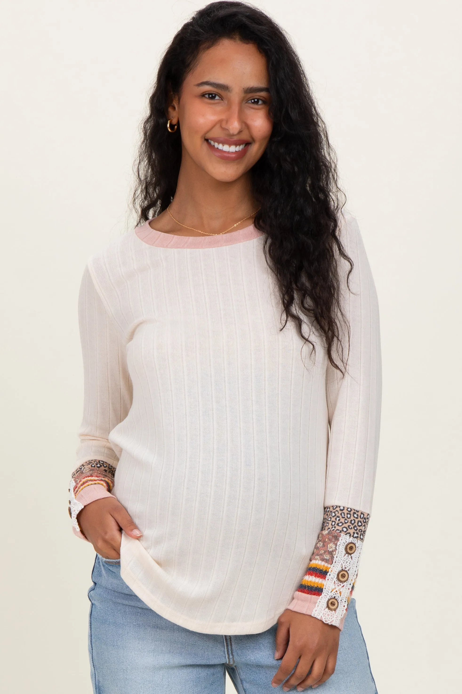 Cream Colorblock Print Detail Long Sleeve Maternity Top sold by Pinkblush