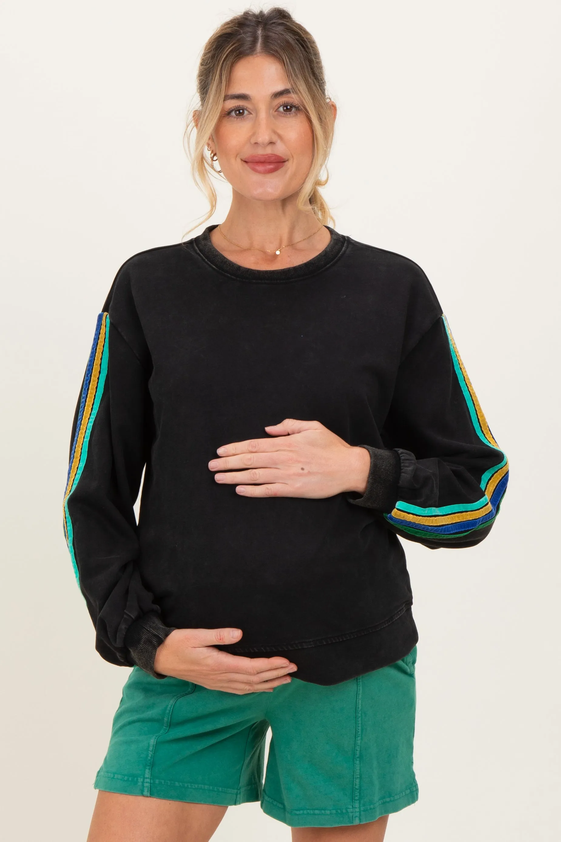 Black Mineral Wash Velvet Stripe Detail Maternity Sweatshirt sold by Pinkblush