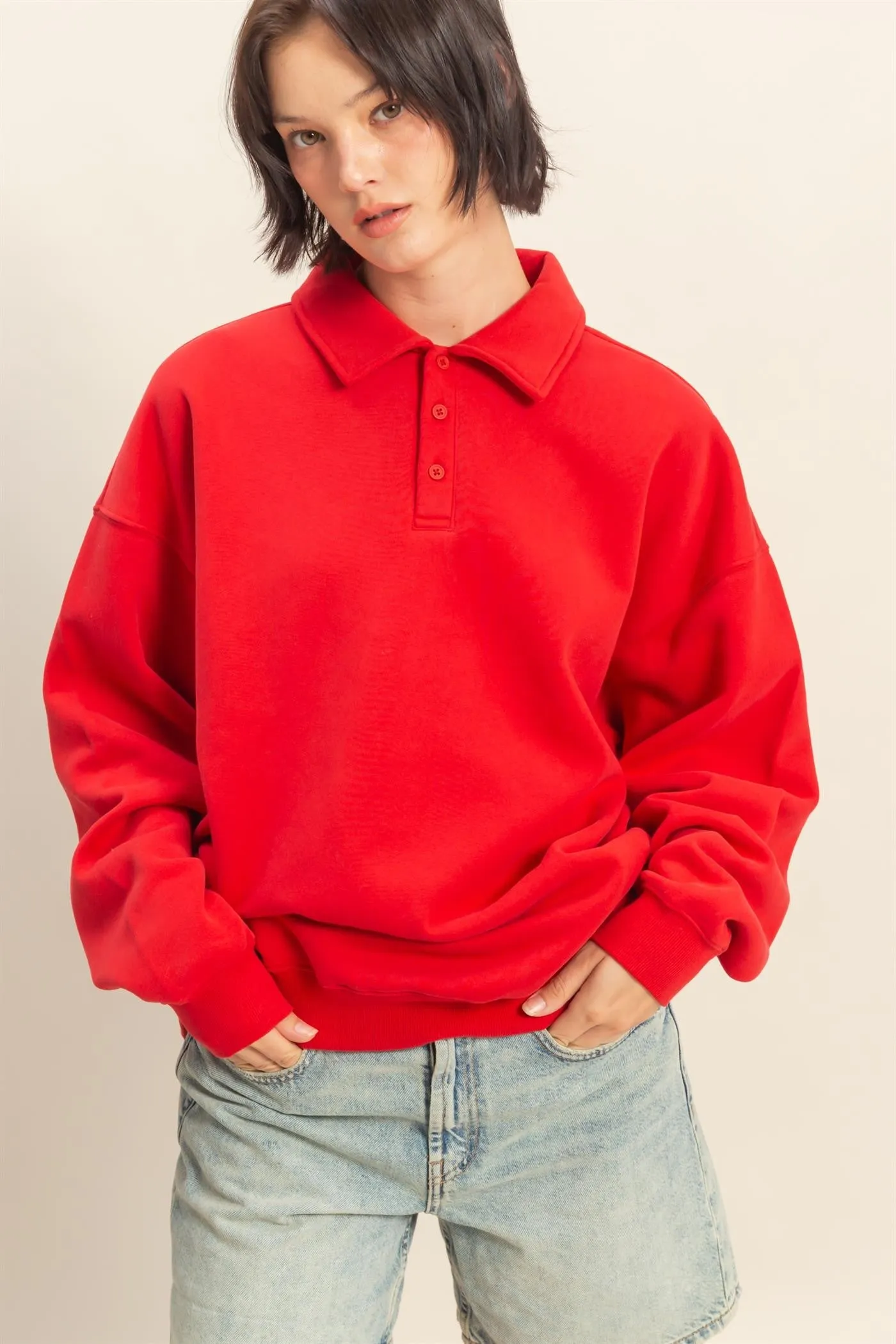 Red Oversized Polo Pullover sold by Pinkblush