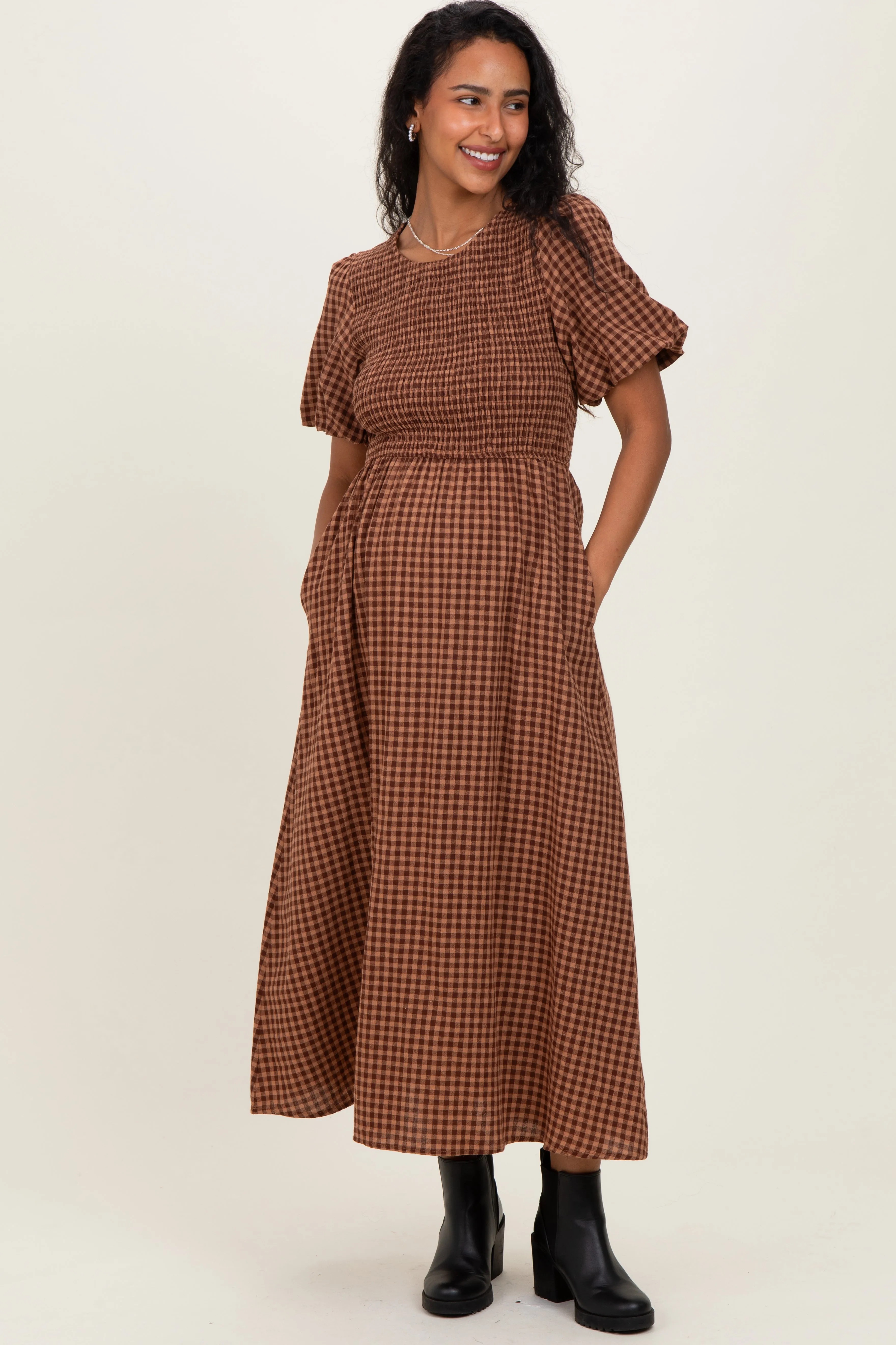 Brown Gingham Smocked Tiered Maternity Midi Dress sold by Pinkblush product image thumbnail 2