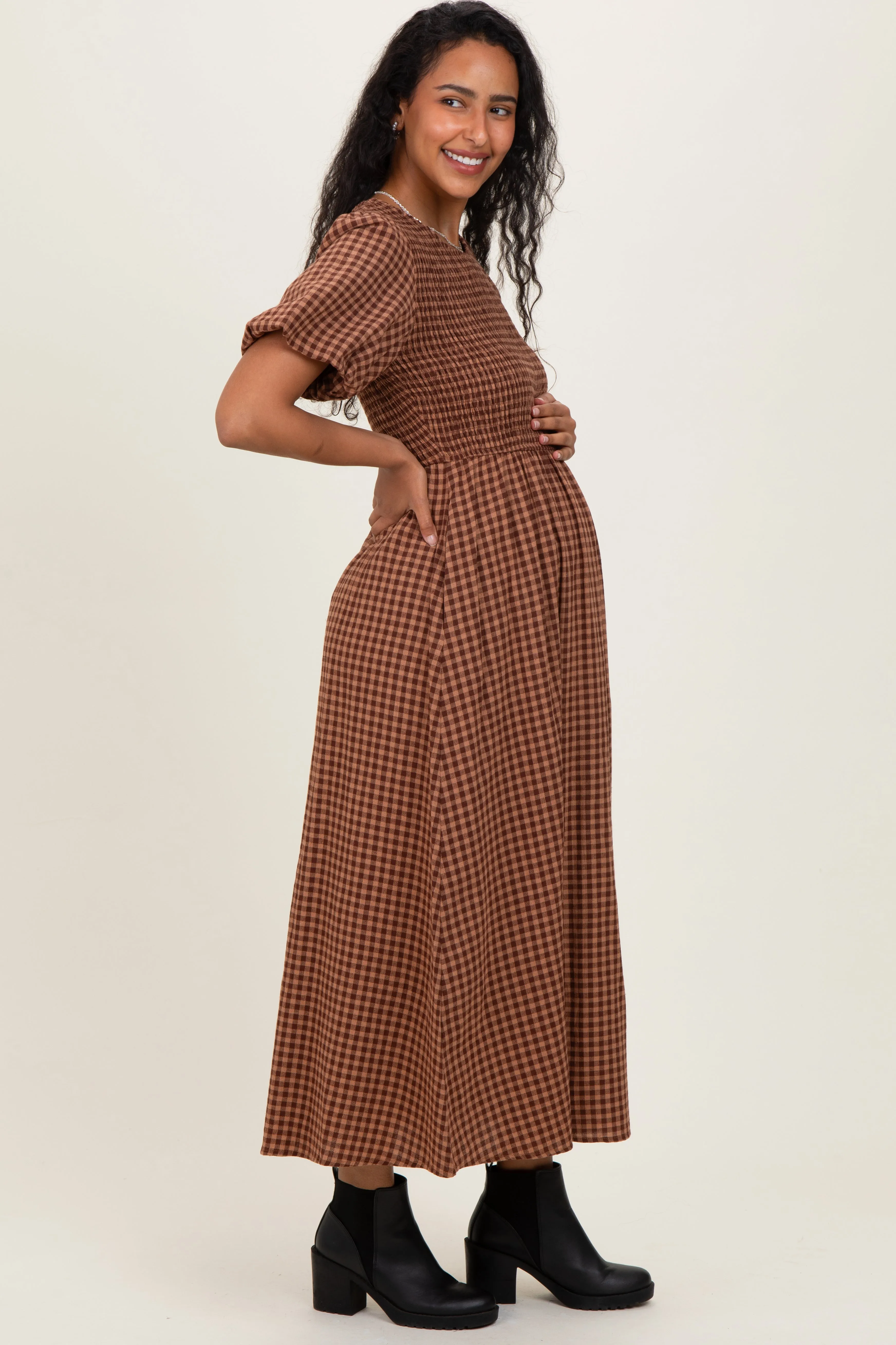 Brown Gingham Smocked Tiered Maternity Midi Dress sold by Pinkblush product image thumbnail 3