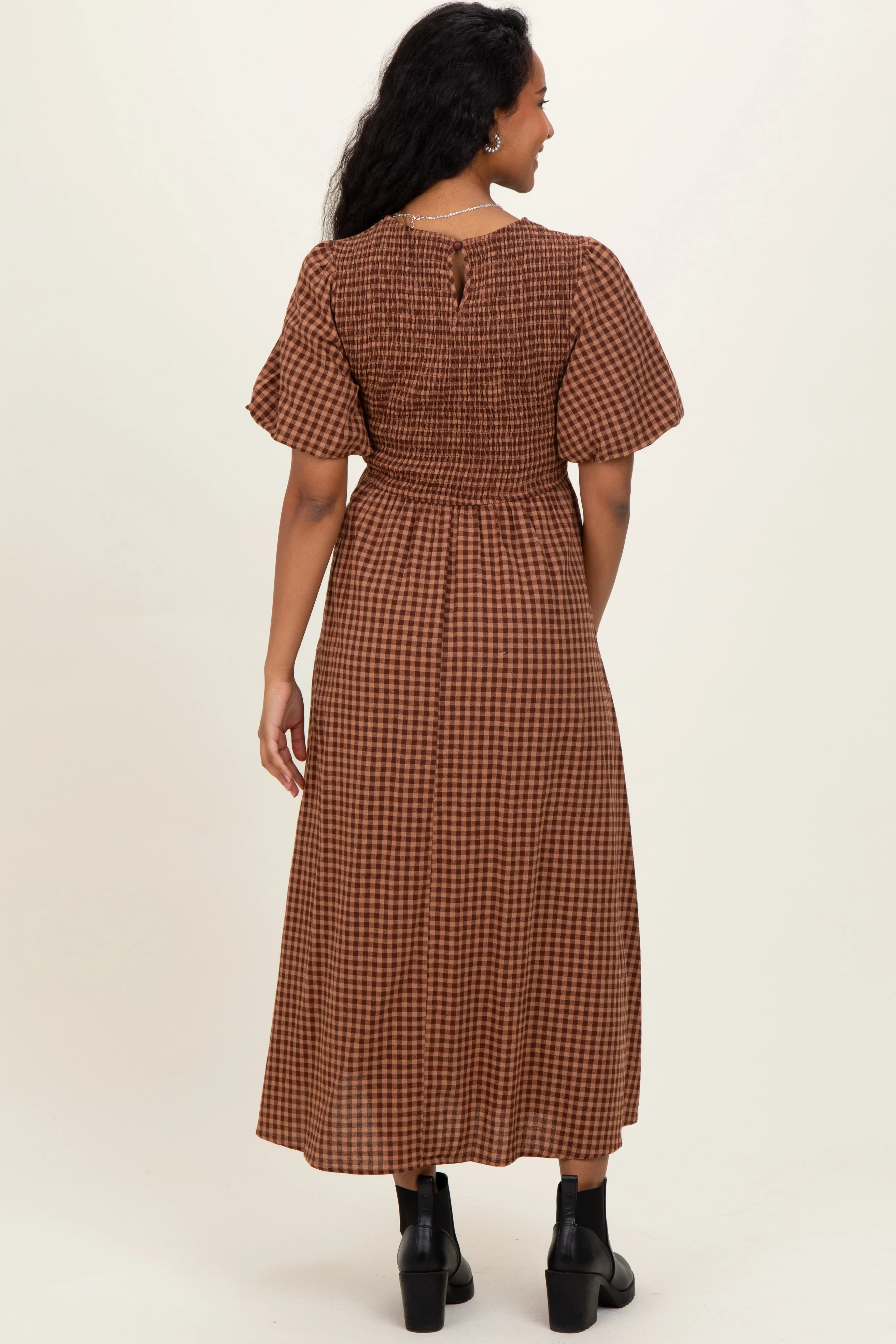Brown Gingham Smocked Tiered Maternity Midi Dress sold by Pinkblush product image thumbnail 4