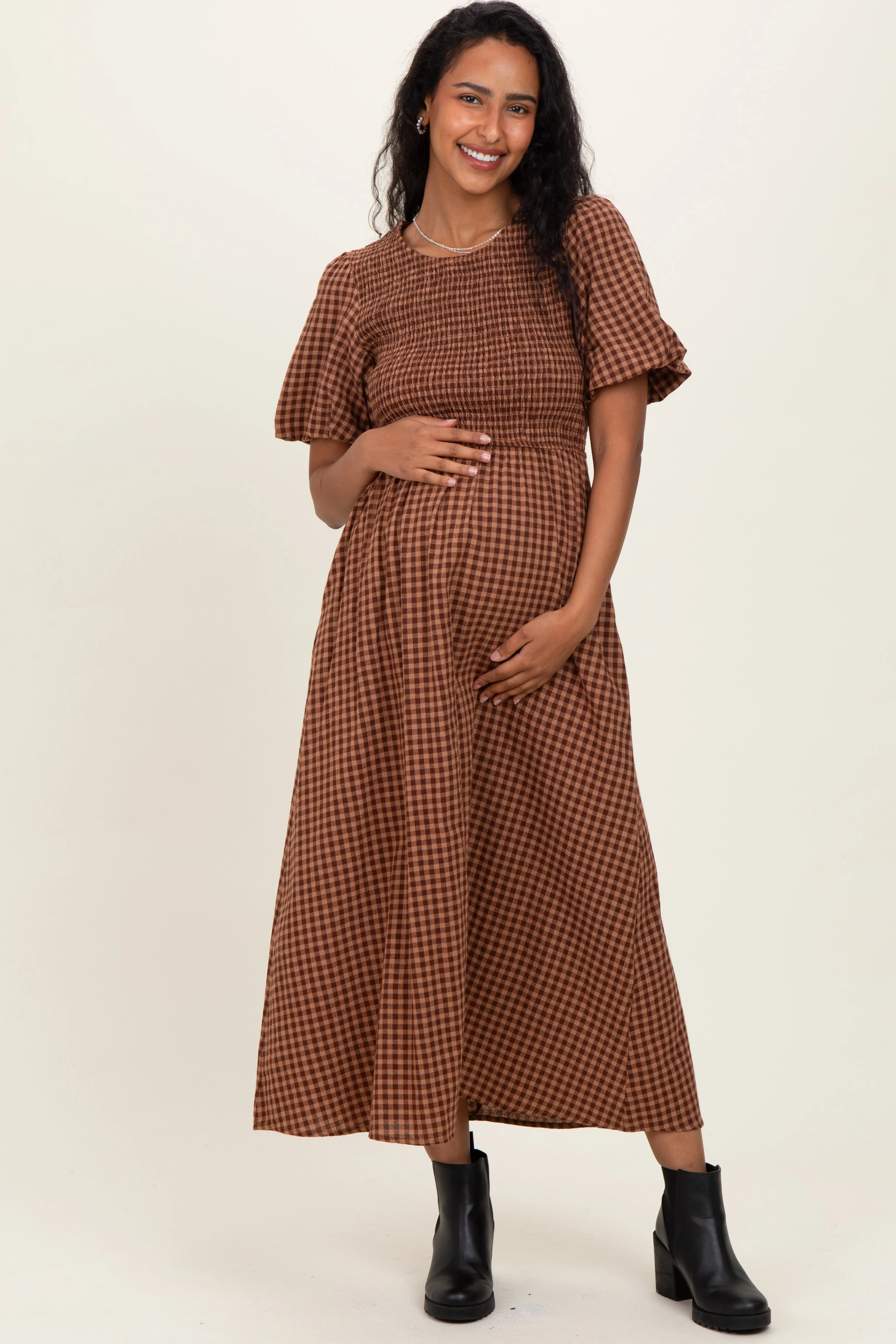 Brown Gingham Smocked Tiered Maternity Midi Dress sold by Pinkblush