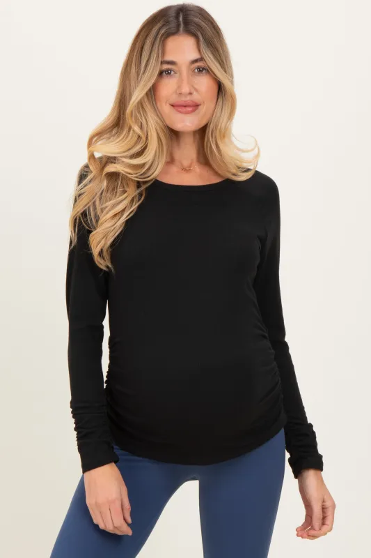 Black Solid Ribbed Ruched Long Sleeve Maternity Top sold by Pinkblush