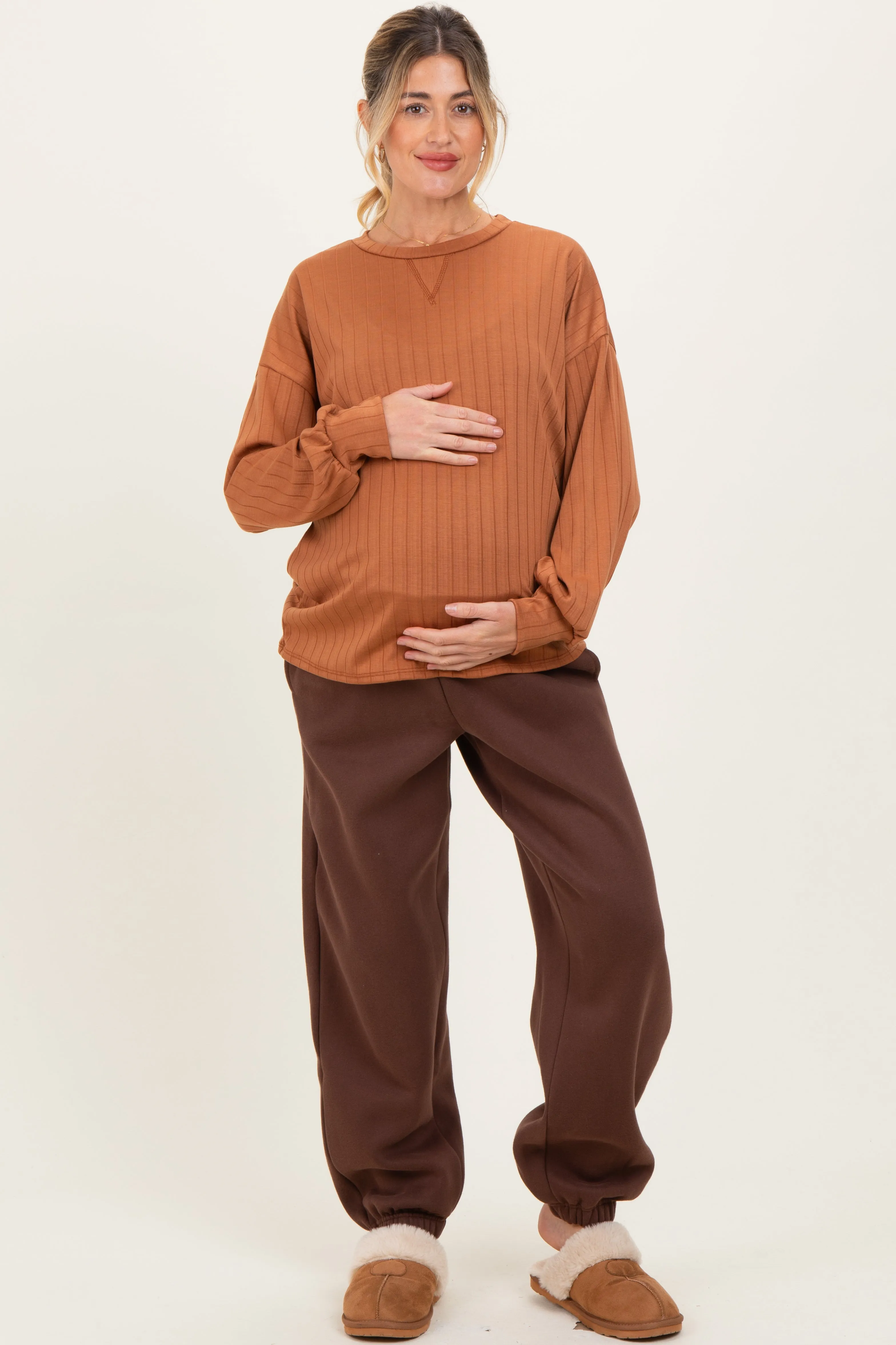 Brown Fleece Maternity Sweatpants sold by Pinkblush