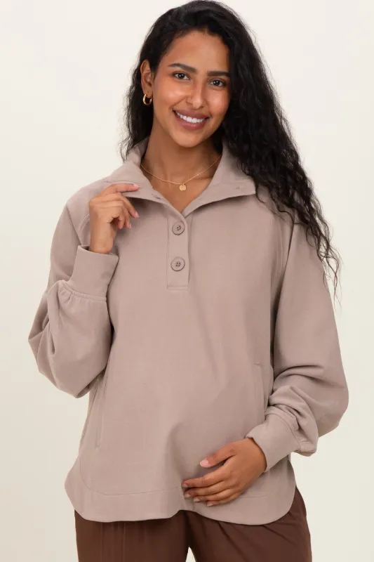 Taupe Brushed Knit Button Collar Maternity Pullover sold by Pinkblush
