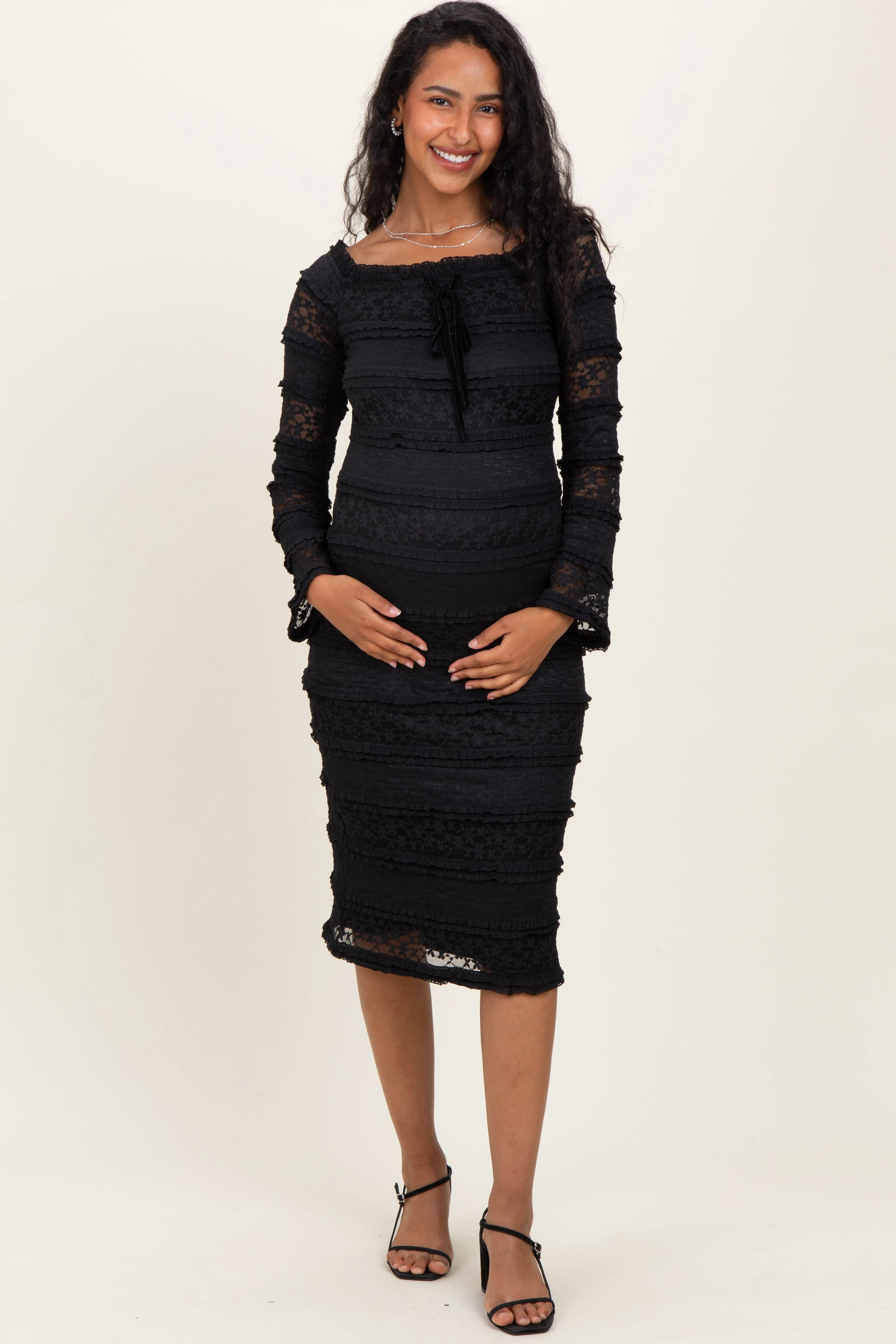 Black Lace Ruffle Tiered Off Shoulder Maternity Midi Dress sold by Pinkblush product image thumbnail 2