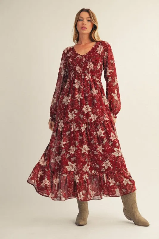 Burgundy Smocked Floral Maternity Midi Dress sold by Pinkblush product image thumbnail 4