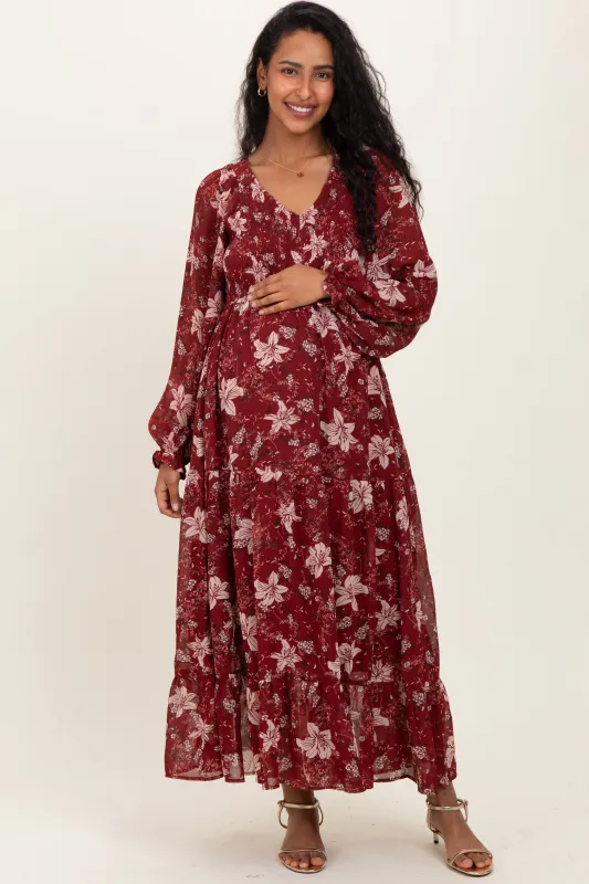 Burgundy Smocked Floral Maternity Midi Dress sold by Pinkblush