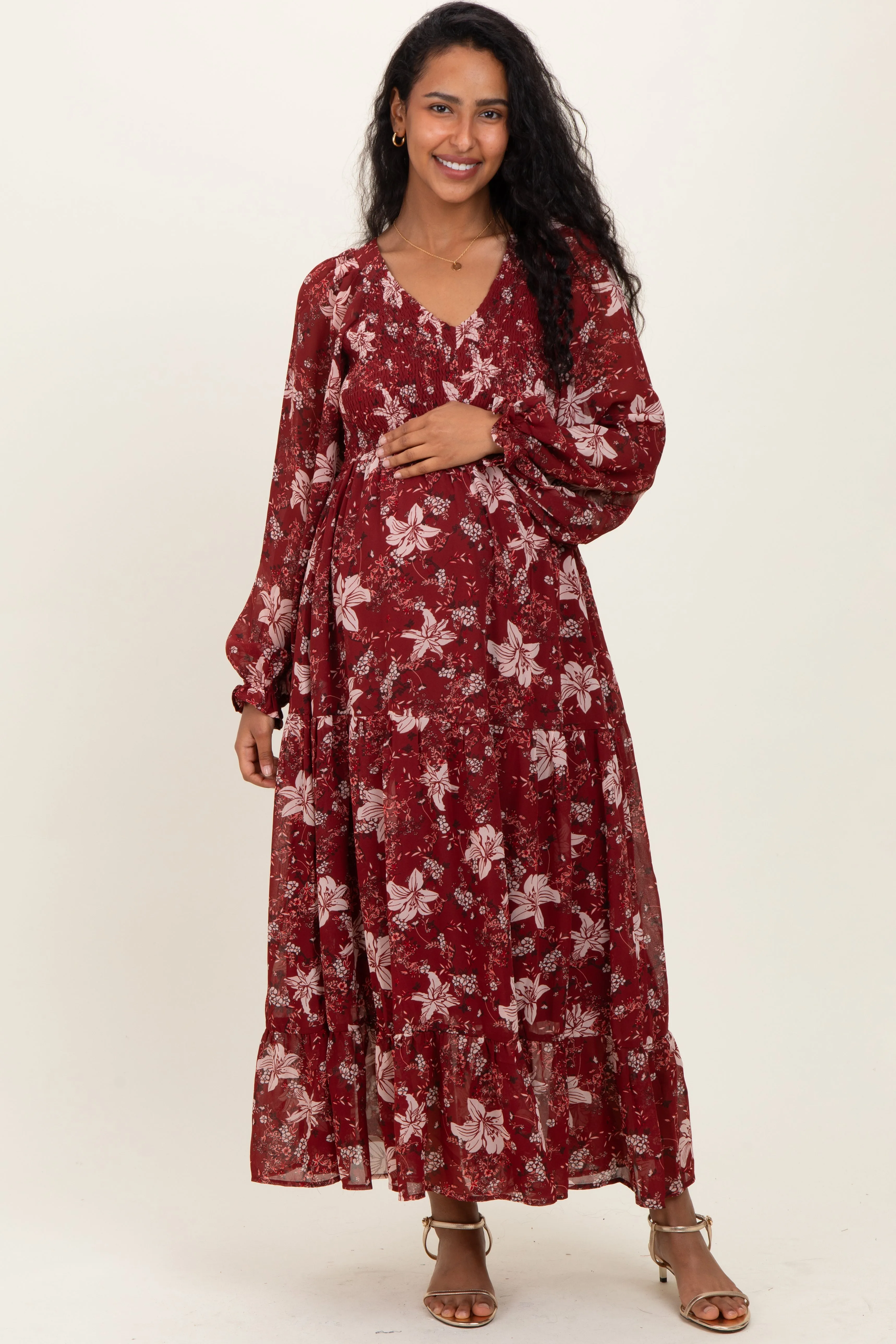 Burgundy Smocked Floral Maternity Midi Dress sold by Pinkblush