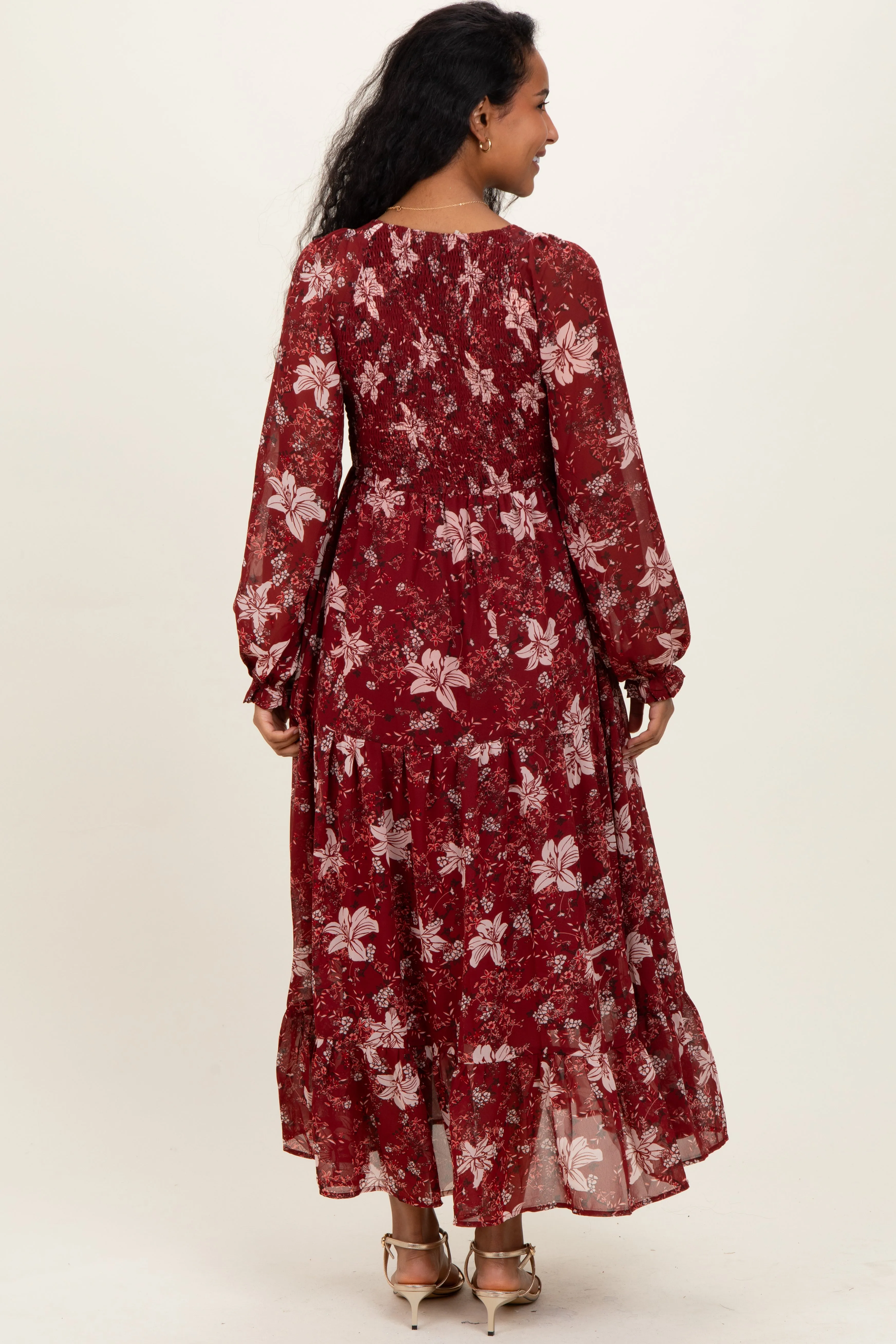 Burgundy Smocked Floral Maternity Midi Dress sold by Pinkblush product image thumbnail 3