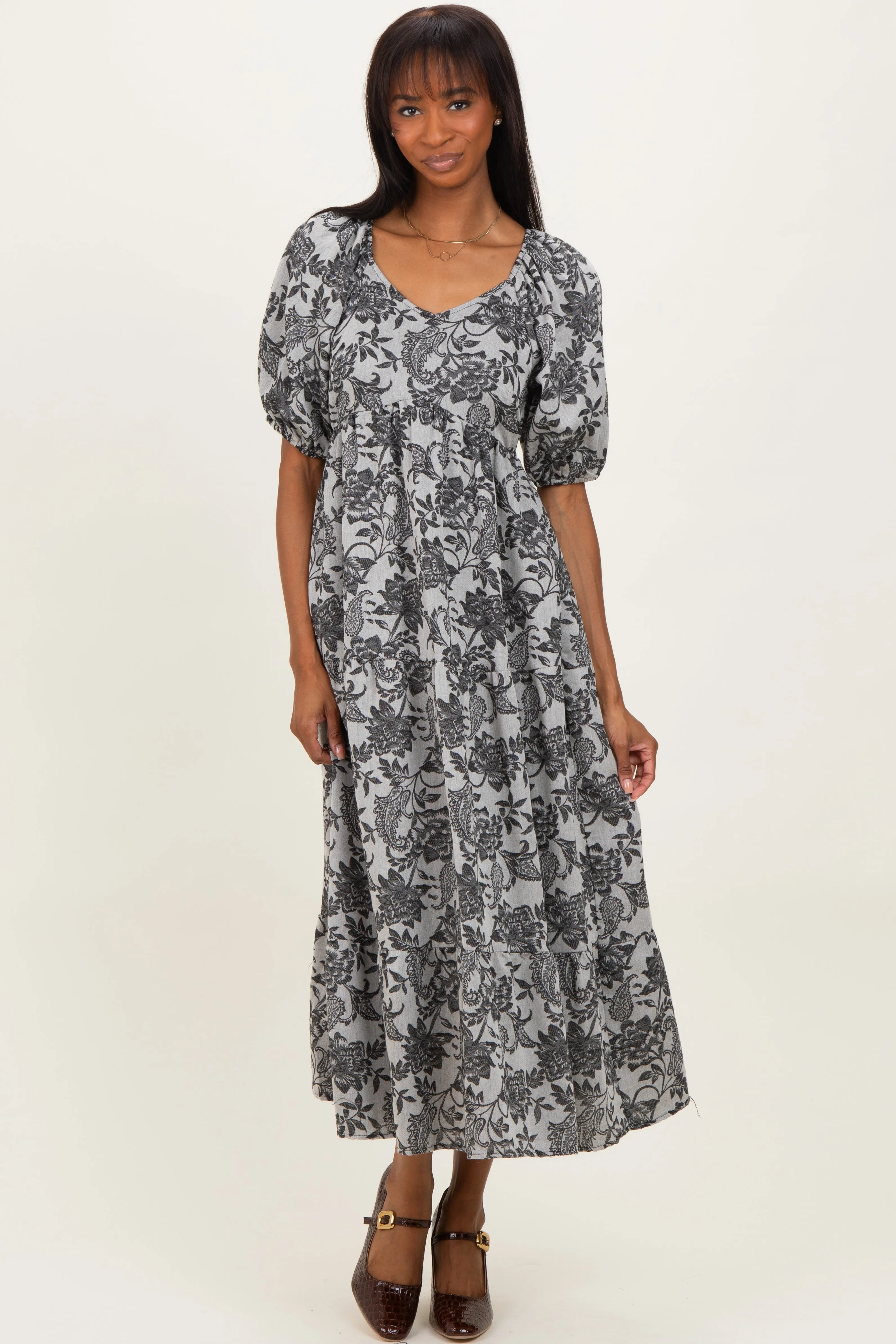 Black Floral V-Neck 3/4 Sleeve Midi Dress sold by Pinkblush
