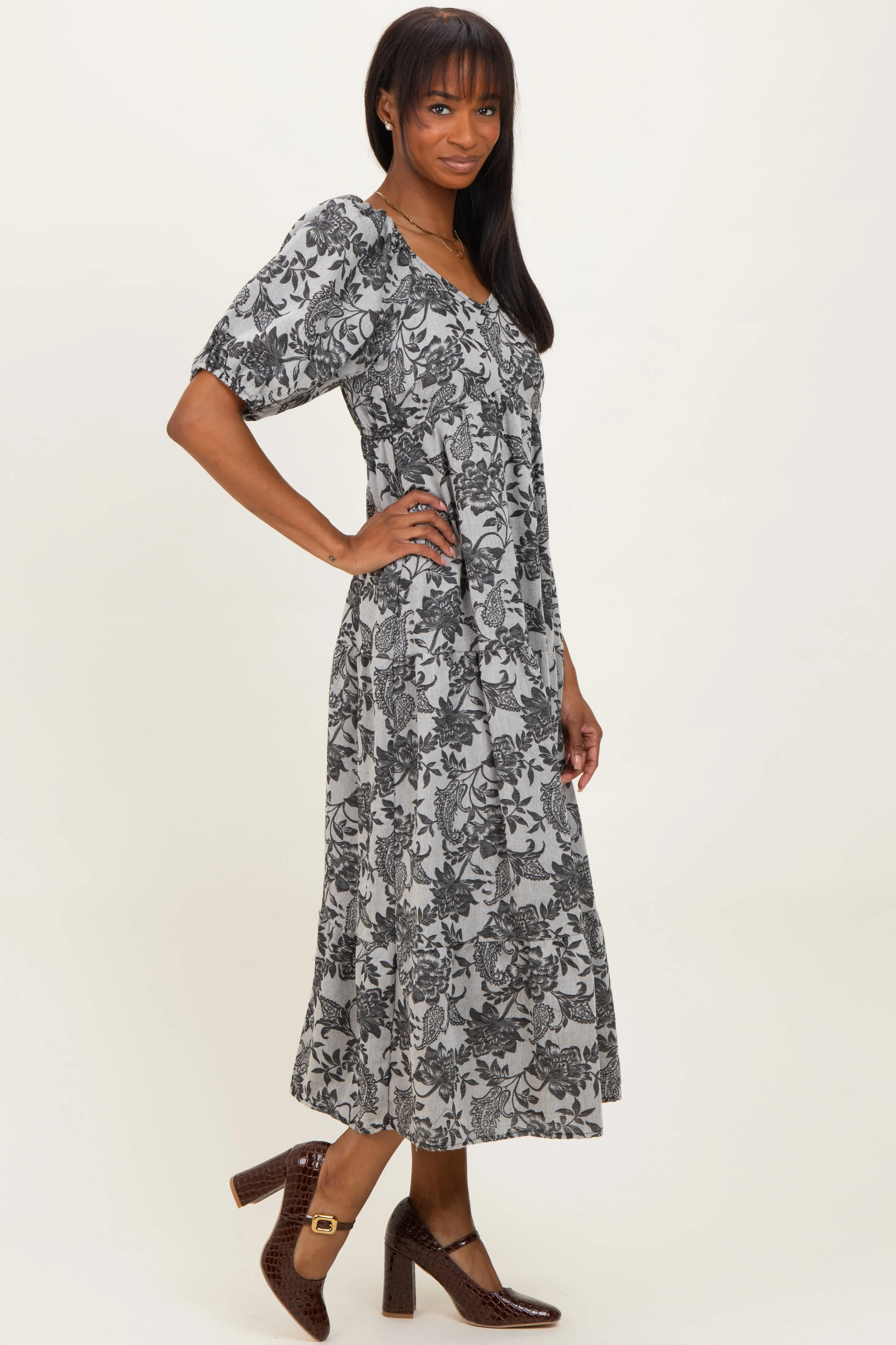 Black Floral V-Neck 3/4 Sleeve Midi Dress sold by Pinkblush product image thumbnail 2