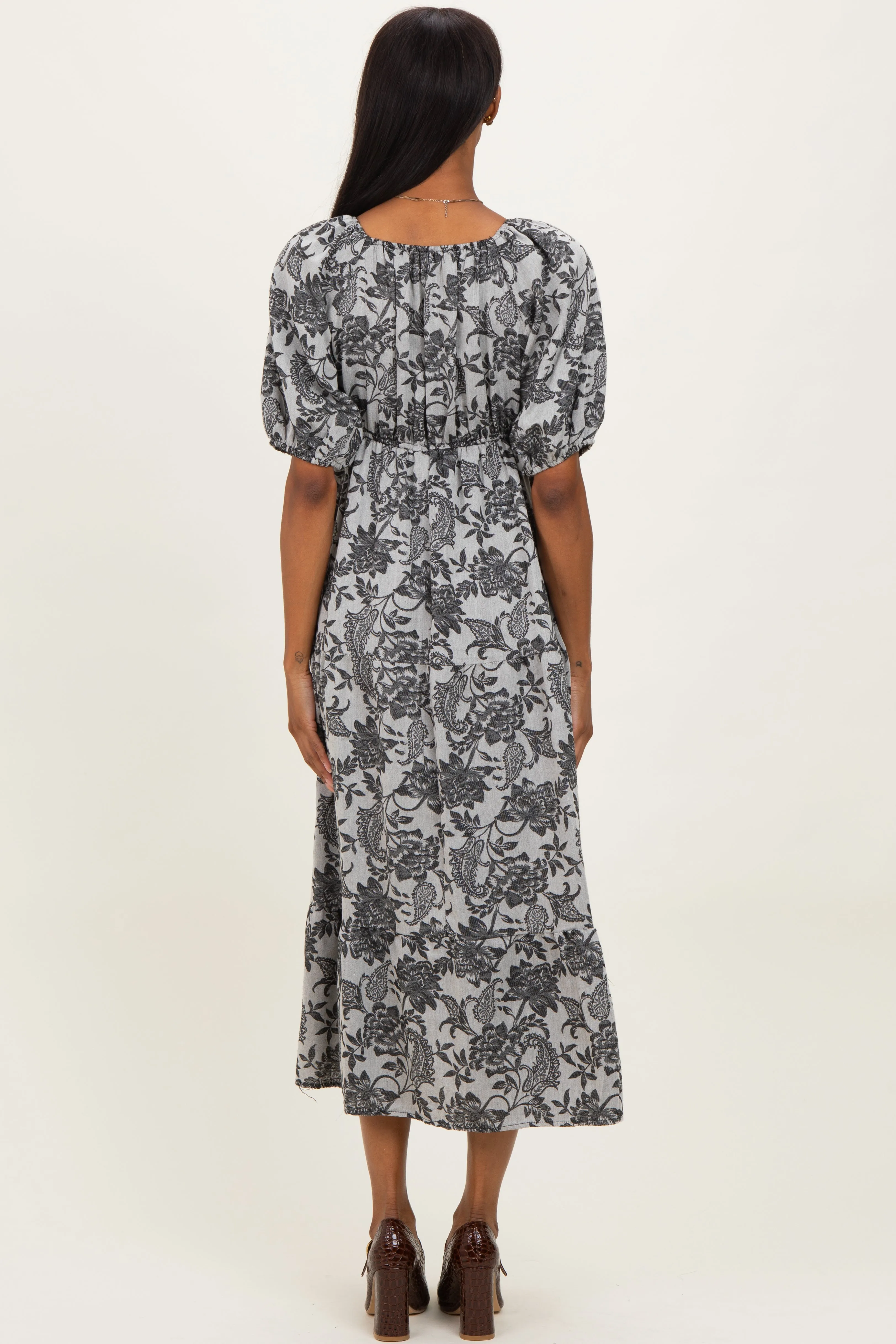 Black Floral V-Neck 3/4 Sleeve Midi Dress sold by Pinkblush product image thumbnail 3
